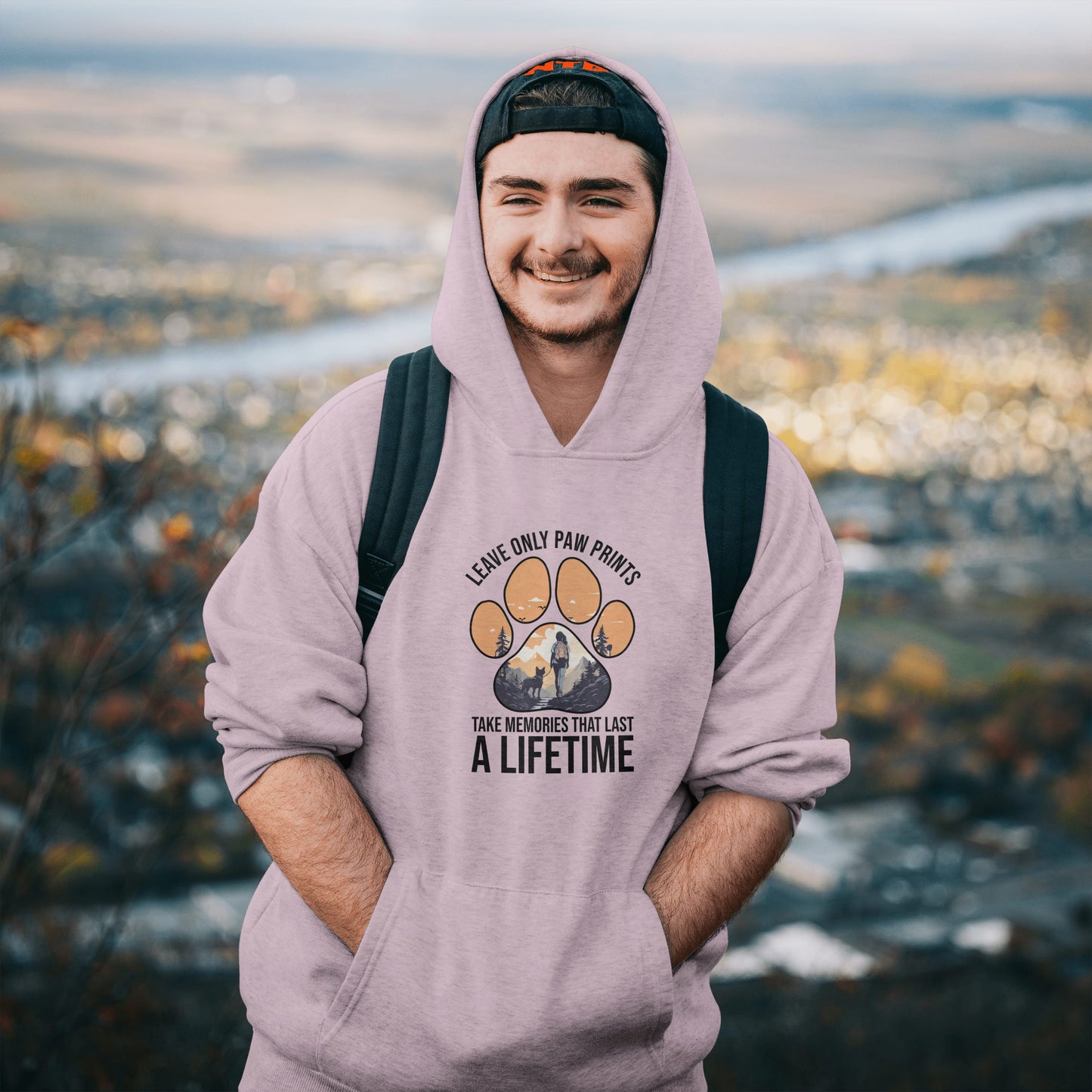 “Leave Only Paw Prints, Take Memories That Last a Lifetime” Hiking Dog Lover Hoodie – Cozy Unisex Nature Adventure Pullover for Outdoor Pet Parents