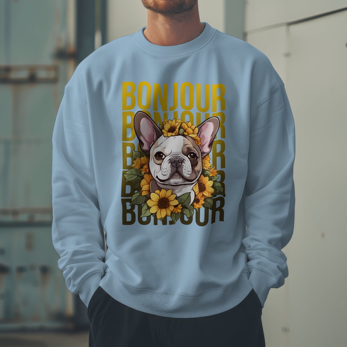 French Bulldog Sunflower Sweatshirt – Cute Bonjour Frenchie Pullover for Dog Lovers, Cozy Fall Gift for Her