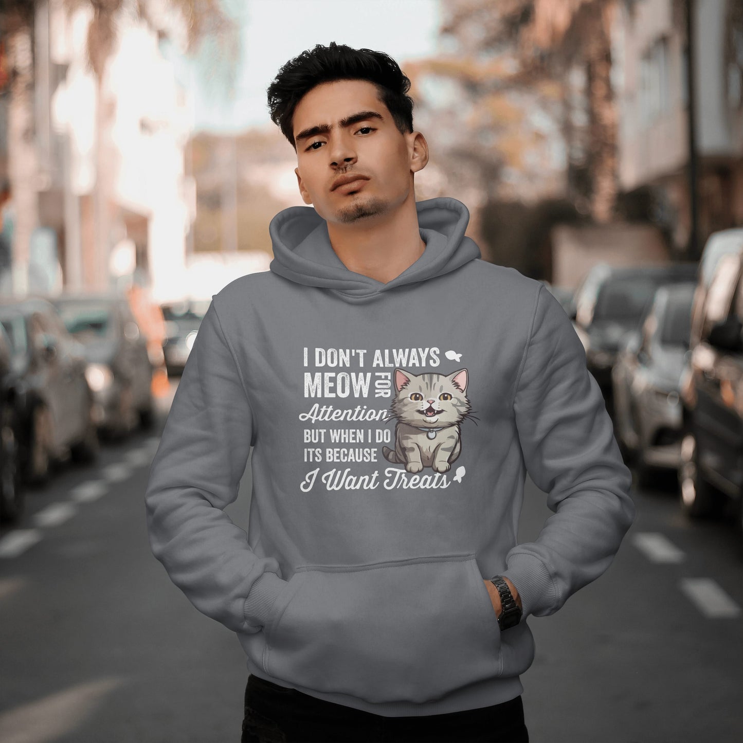 Funny Cat Hoodie – “I Don’t Always Meow for Attention” Quote, Cozy Unisex Pullover for Cat Moms & Dads, Cute Pet Lover Gift