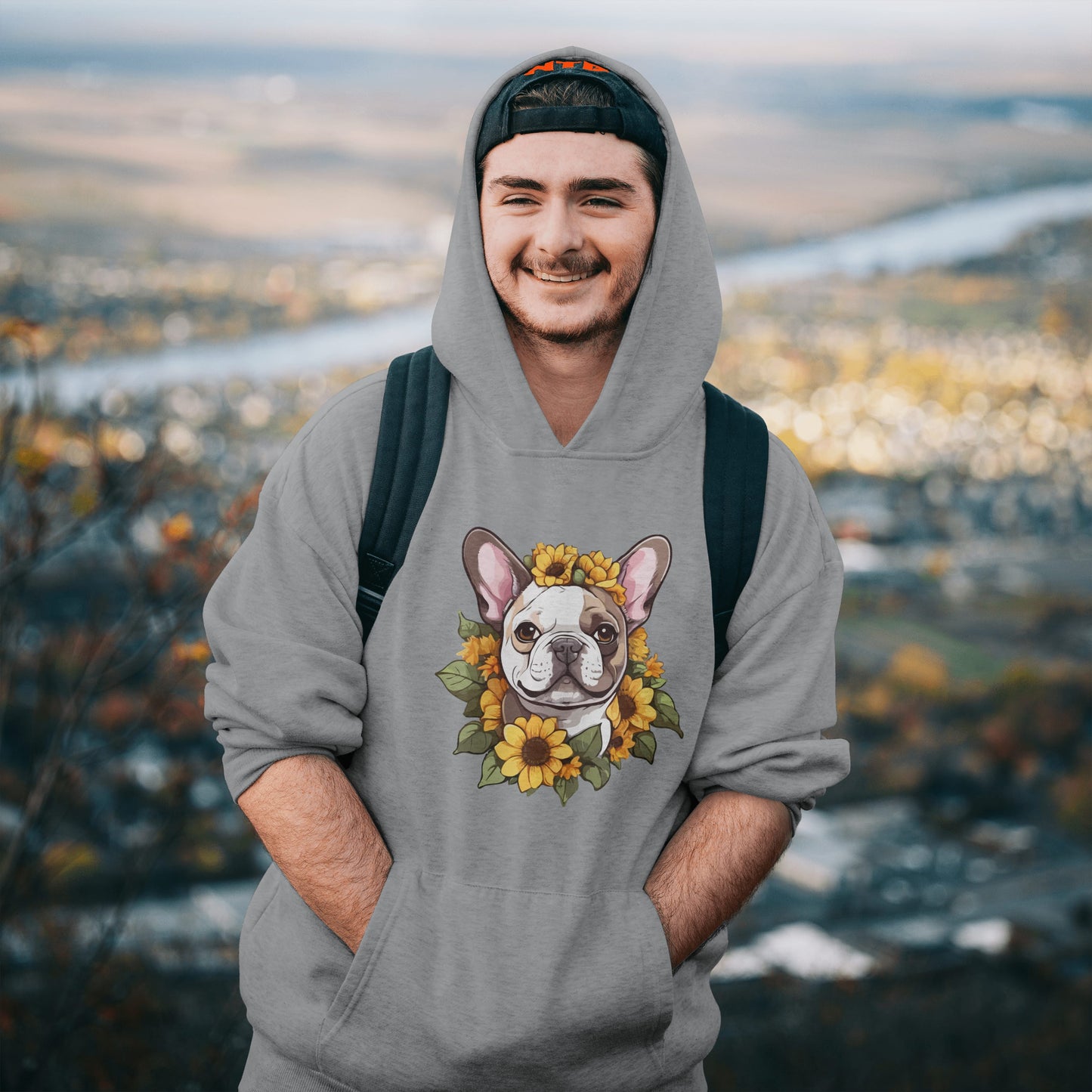 French Bulldog Sunflower Hoodie – Cute Bonjour Frenchie Pullover for Dog Lovers, Cozy Floral Gift for Pet Owners