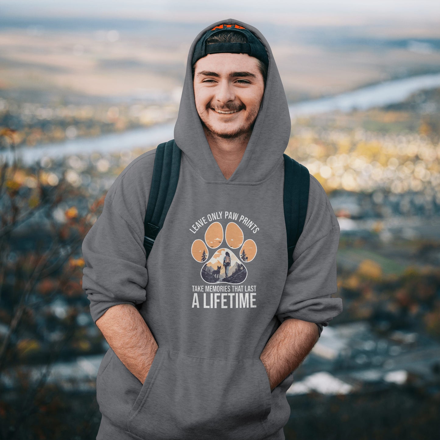 “Leave Only Paw Prints, Take Memories That Last a Lifetime” Hiking Dog Lover Hoodie – Cozy Unisex Nature Adventure Pullover for Outdoor Pet Parents