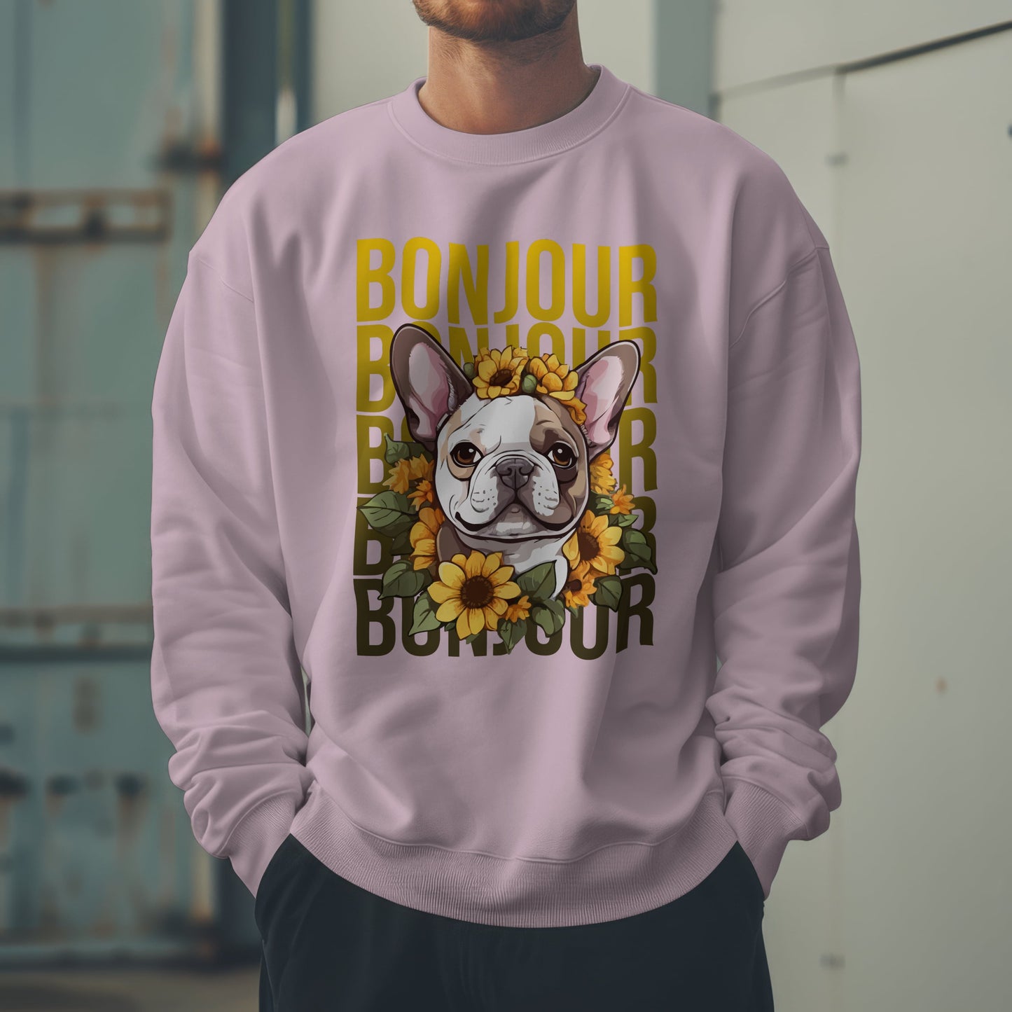 French Bulldog Sunflower Sweatshirt – Cute Bonjour Frenchie Pullover for Dog Lovers, Cozy Fall Gift for Her