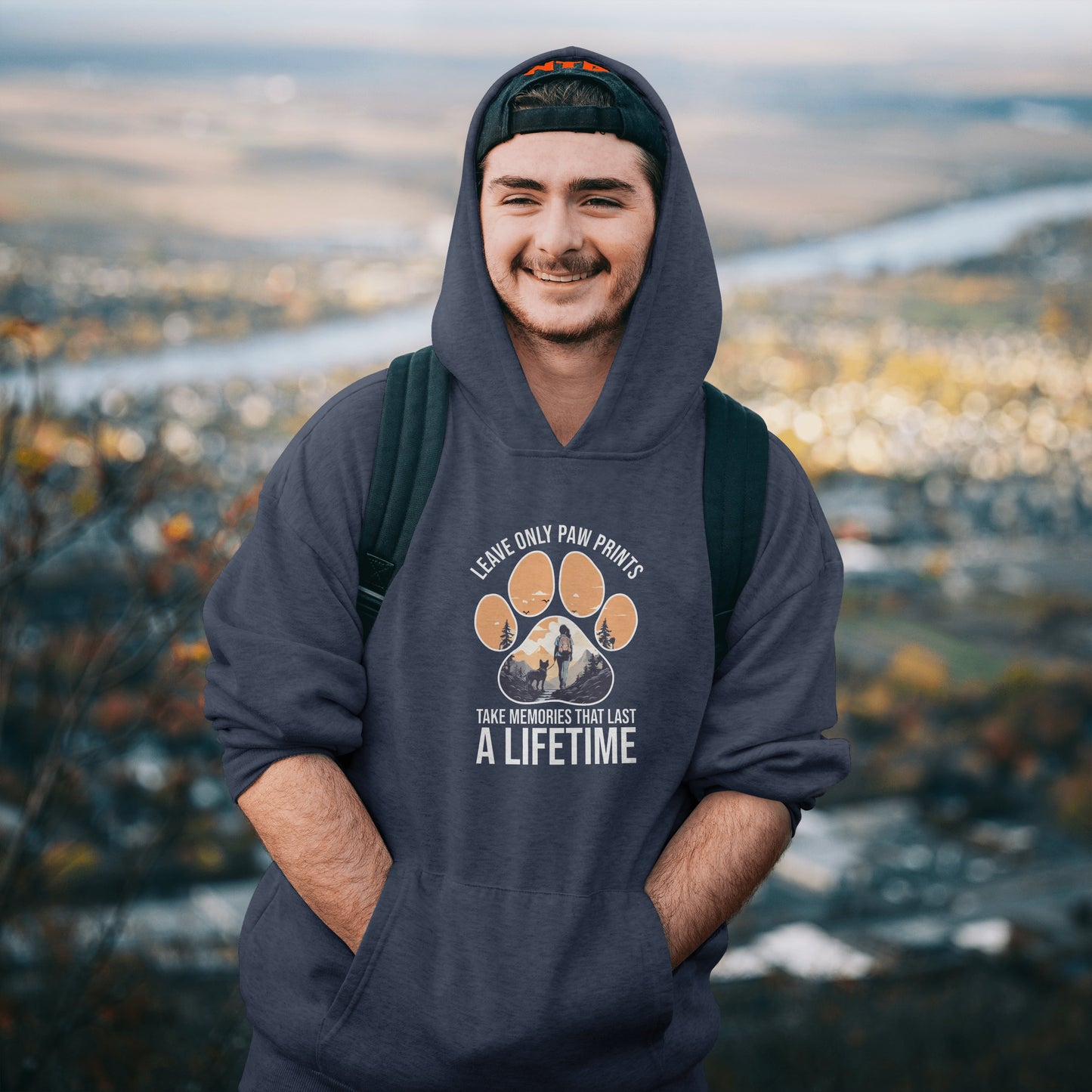 “Leave Only Paw Prints, Take Memories That Last a Lifetime” Hiking Dog Lover Hoodie – Cozy Unisex Nature Adventure Pullover for Outdoor Pet Parents