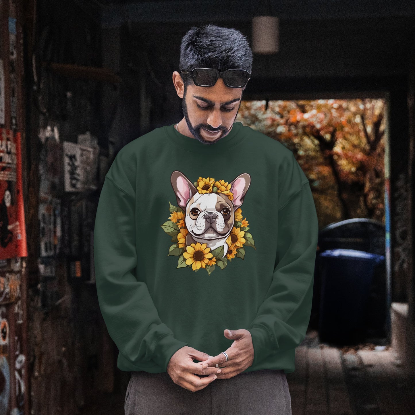 French Bulldog Sunflower Sweatshirt – Cute Bonjour Frenchie Crewneck for Dog Lovers, Cozy Floral Gift for Pet Moms & Dads