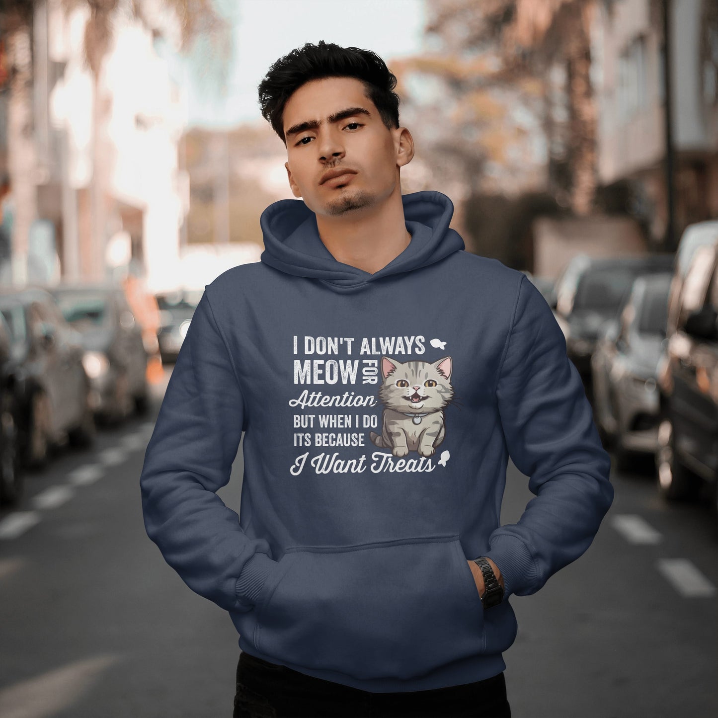 Funny Cat Hoodie – “I Don’t Always Meow for Attention” Quote, Cozy Unisex Pullover for Cat Moms & Dads, Cute Pet Lover Gift