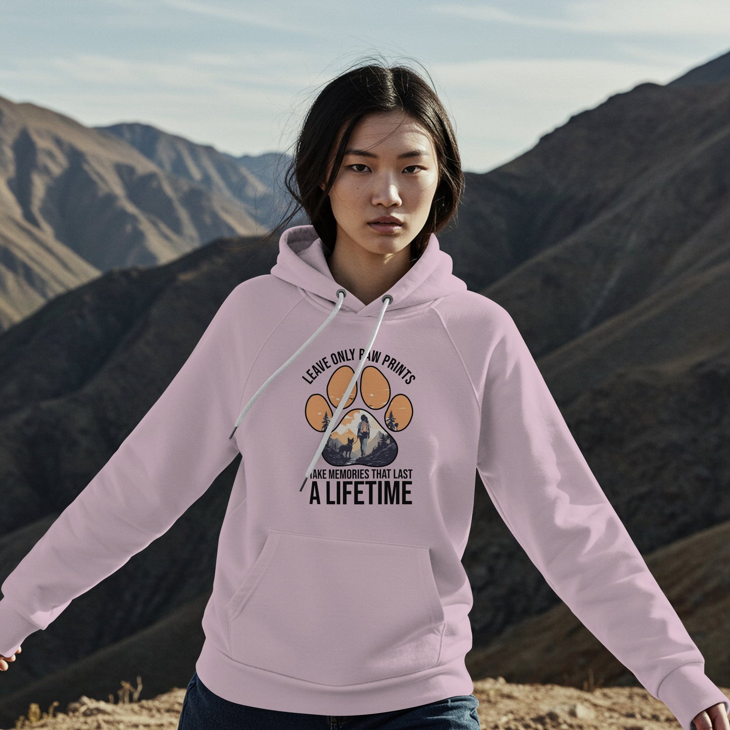 “Leave Only Paw Prints, Take Memories That Last a Lifetime” Hiking Dog Lover Hoodie – Cozy Unisex Nature Adventure Pullover for Outdoor Pet Parents