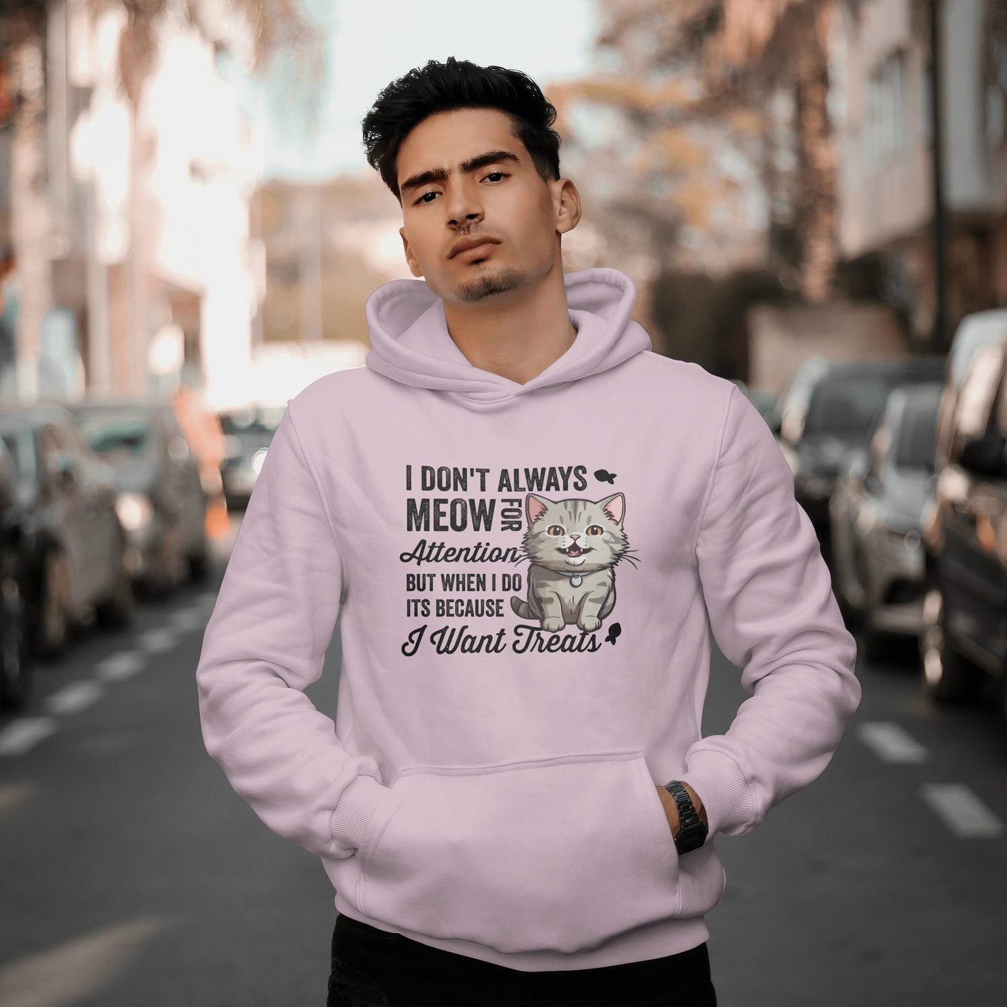 Funny Cat Hoodie – “I Don’t Always Meow for Attention” Quote, Cozy Unisex Pullover for Cat Moms & Dads, Cute Pet Lover Gift