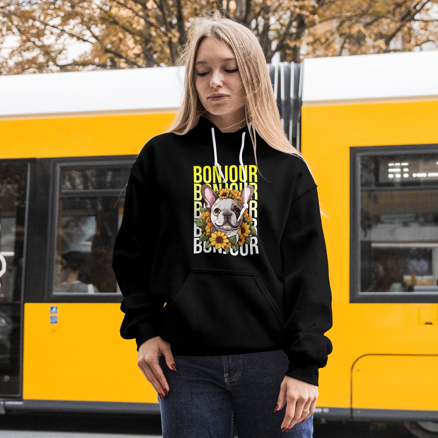French Bulldog Sunflower Hoodie – Cute Bonjour Frenchie Pullover for Dog Lovers, Cozy Floral Gift for Her
