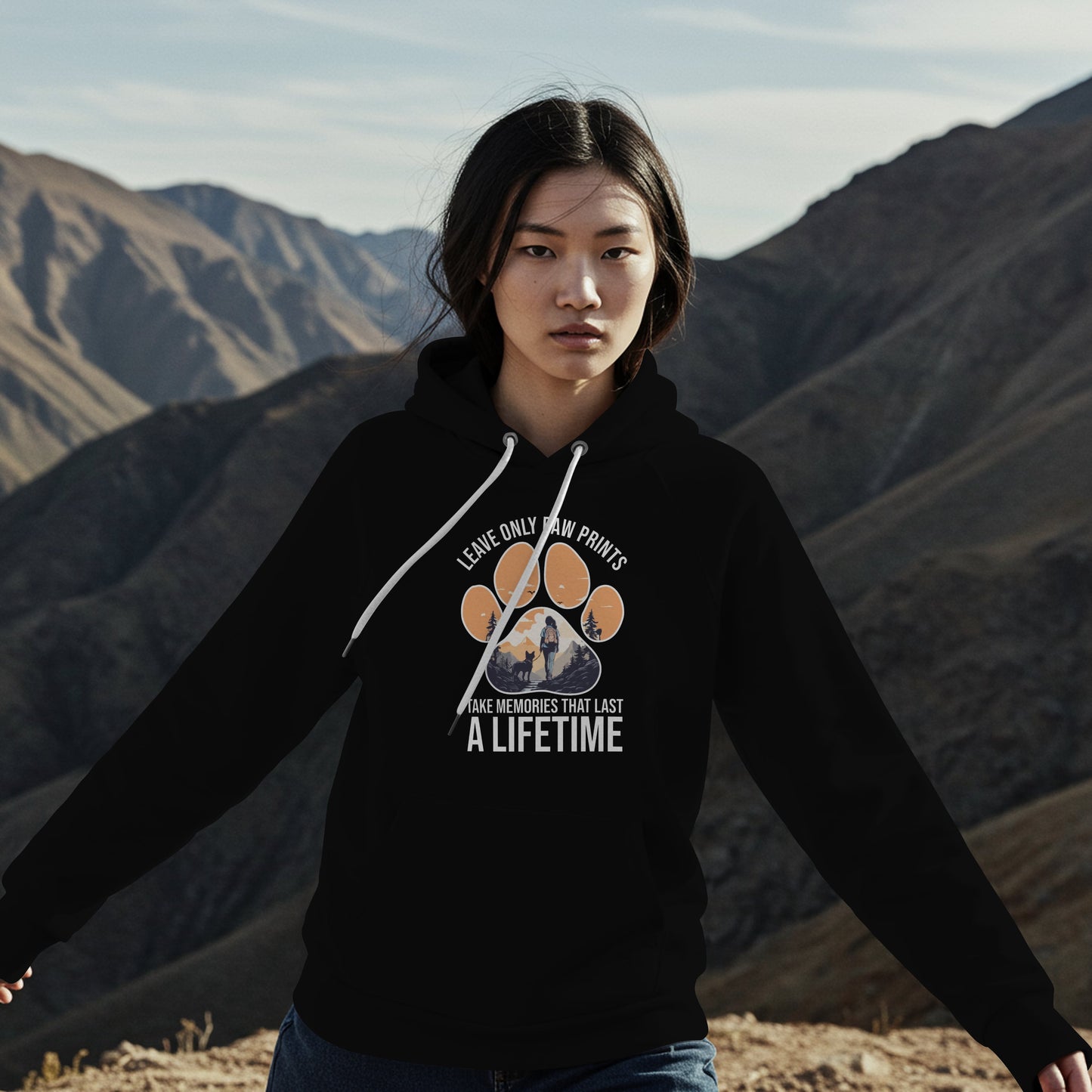 “Leave Only Paw Prints, Take Memories That Last a Lifetime” Hiking Dog Lover Hoodie – Cozy Unisex Nature Adventure Pullover for Outdoor Pet Parents