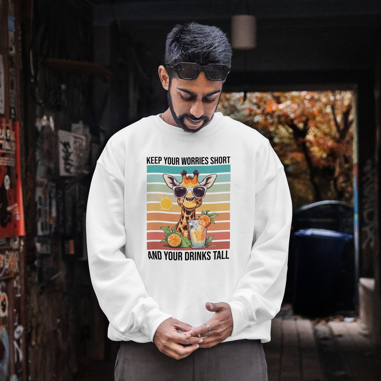 “Keep Your Worries Short & Your Drinks Tall” Giraffe Sweatshirt – Funny Summer Animal Graphic, Citrus Spritz Vibes for Bold Animal Lovers
