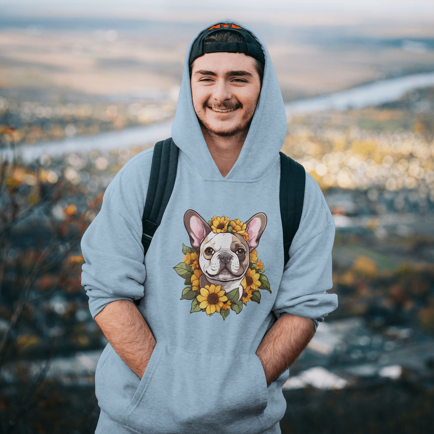 French Bulldog Sunflower Hoodie – Cute Bonjour Frenchie Pullover for Dog Lovers, Cozy Floral Gift for Pet Owners