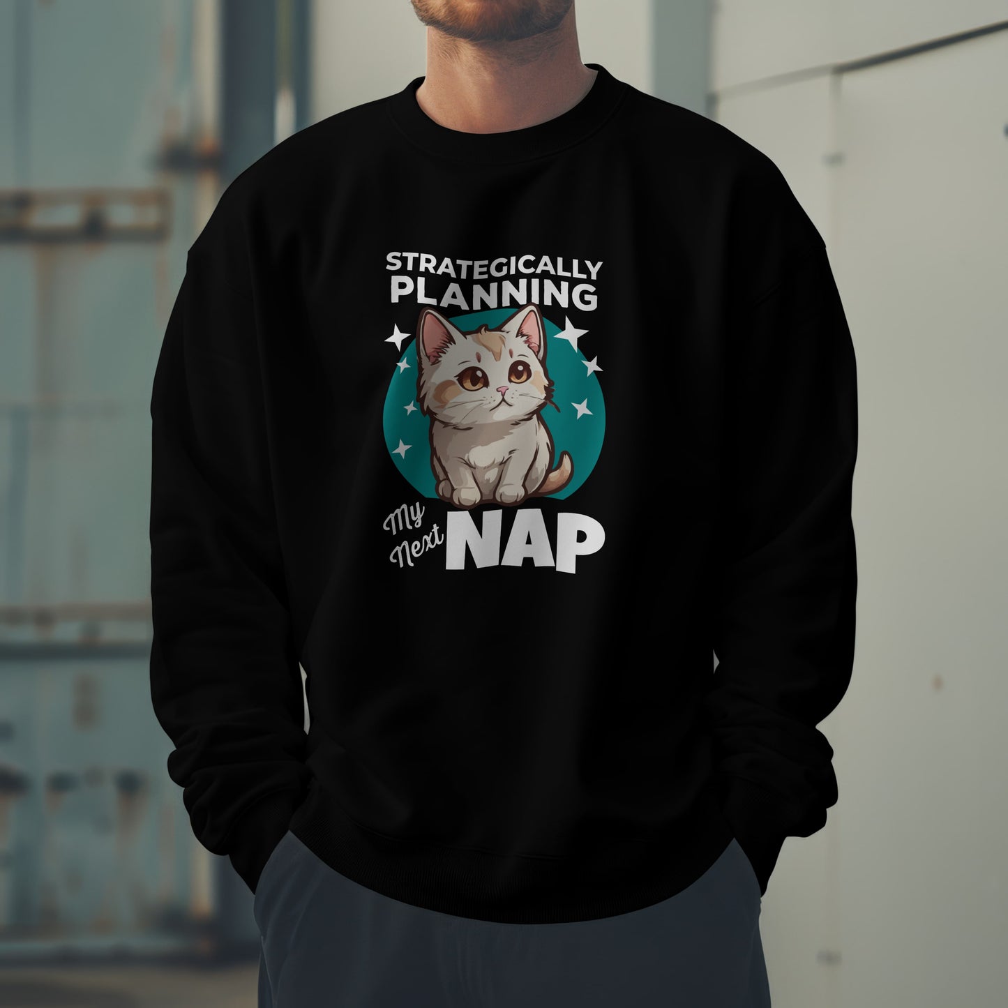 “Strategically Planning My Next Nap” Funny Cat Sweatshirt – Lazy Cat Lover Gift, Cozy Unisex Pullover for Pet Parents, Introverts & Nap Queens