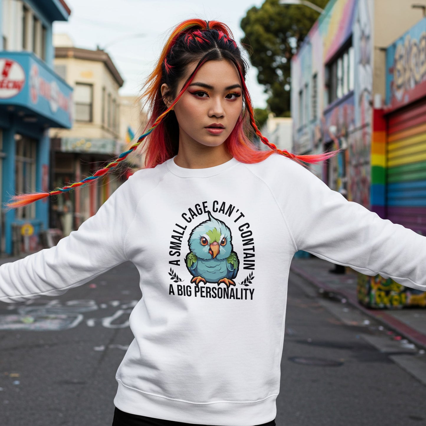 “A Small Cage Can’t Contain a Big Personality” Funny Parrot Sweatshirt – Colorful Bird Lover Gift for Pet Parrot Owners & Exotic Animal Fans