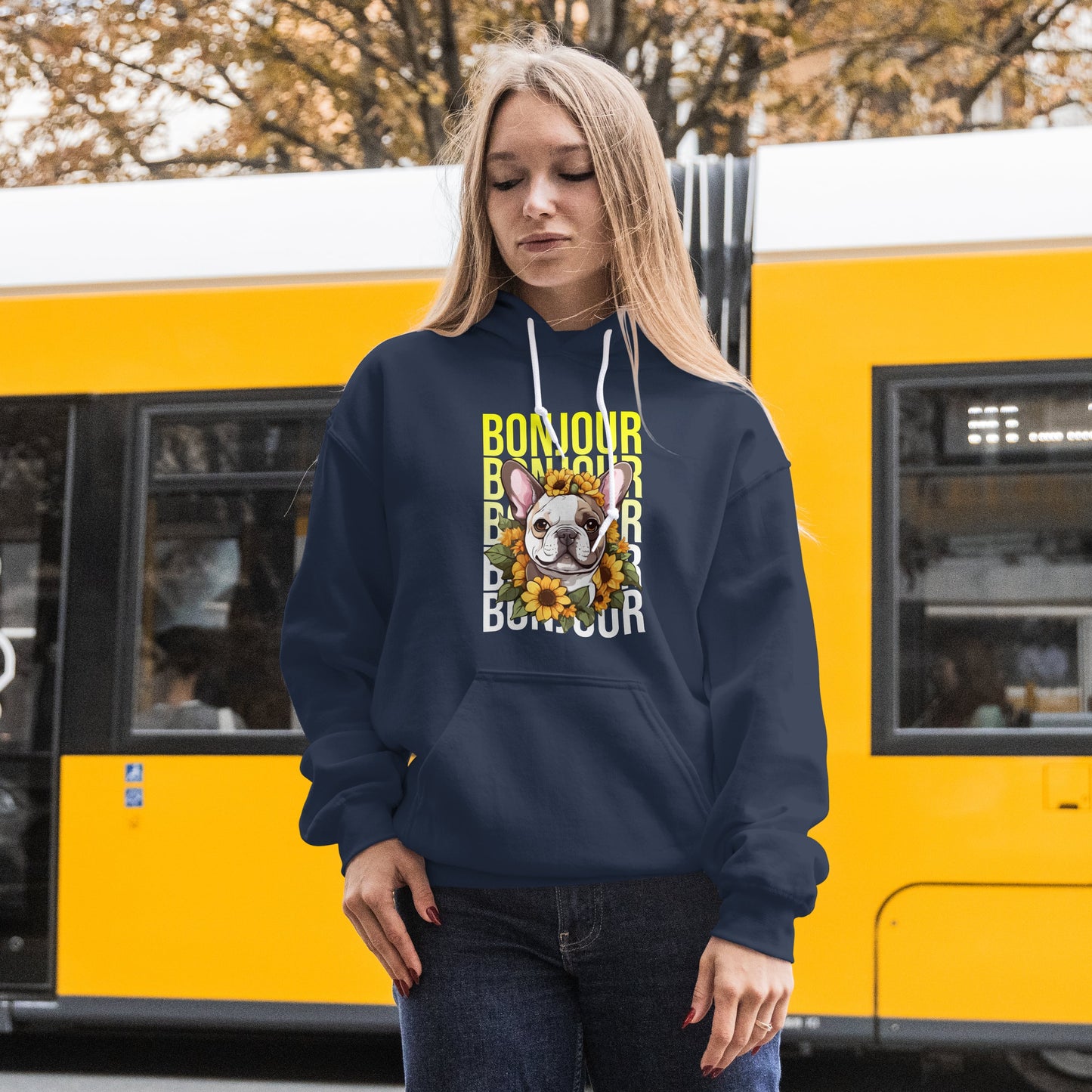 French Bulldog Sunflower Hoodie – Cute Bonjour Frenchie Pullover for Dog Lovers, Cozy Floral Gift for Her