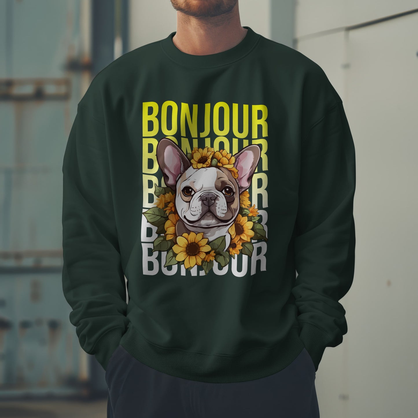 French Bulldog Sunflower Sweatshirt – Cute Bonjour Frenchie Pullover for Dog Lovers, Cozy Fall Gift for Her
