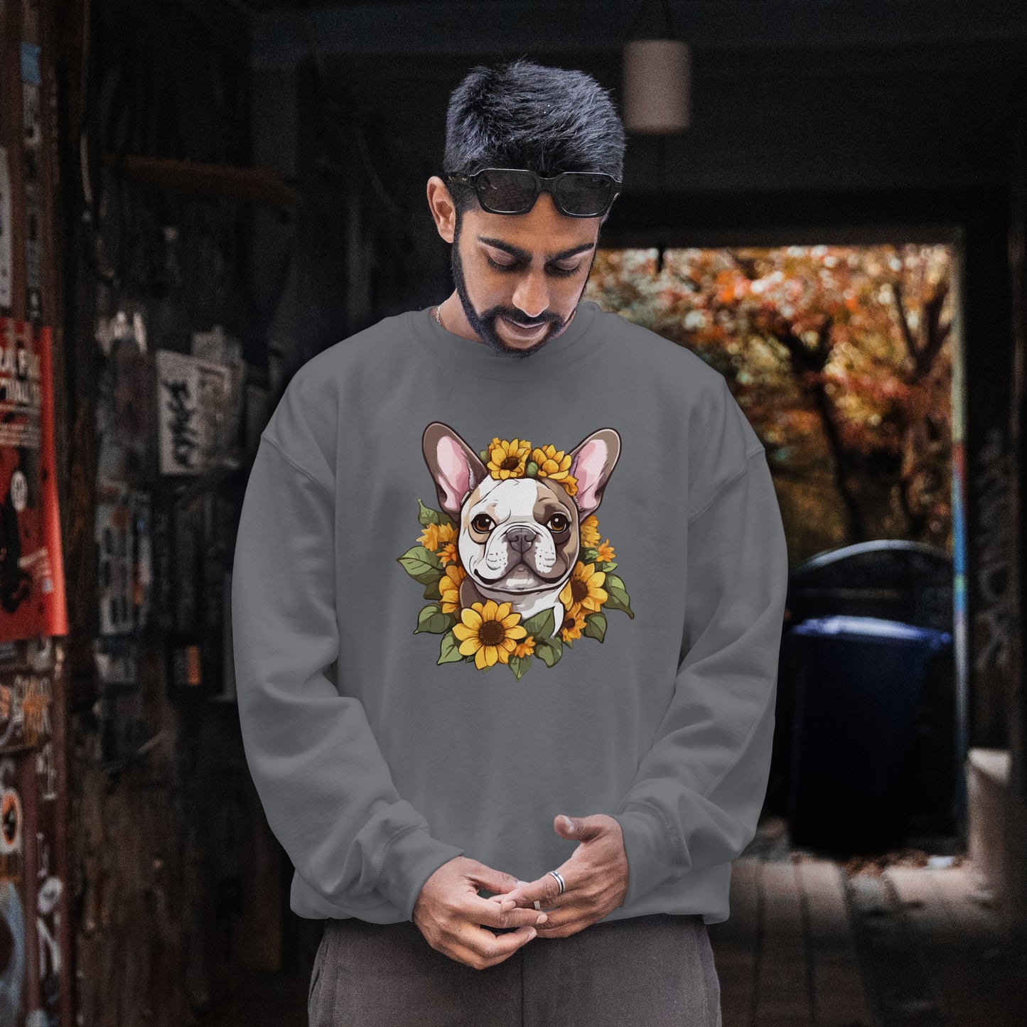 French Bulldog Sunflower Sweatshirt – Cute Bonjour Frenchie Crewneck for Dog Lovers, Cozy Floral Gift for Pet Moms & Dads