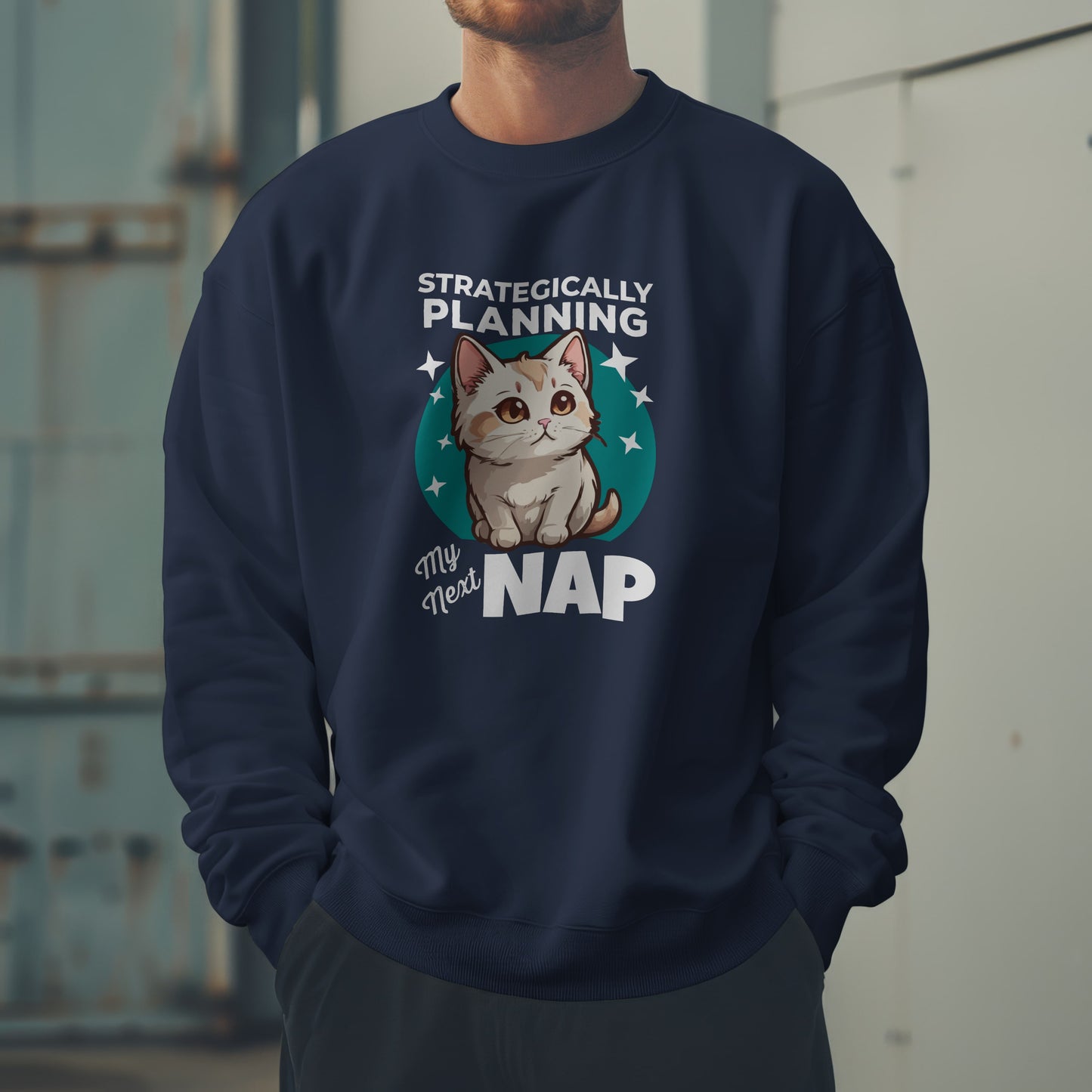“Strategically Planning My Next Nap” Funny Cat Sweatshirt – Lazy Cat Lover Gift, Cozy Unisex Pullover for Pet Parents, Introverts & Nap Queens