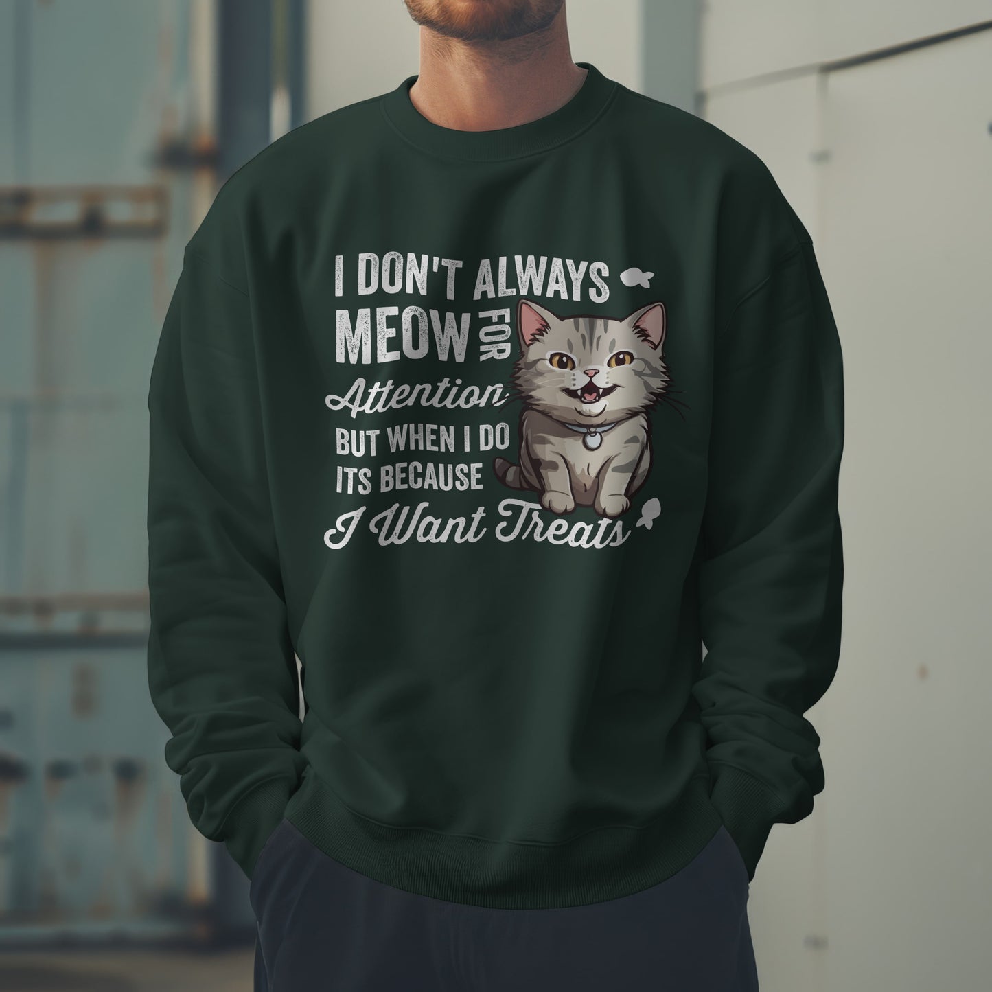 Funny Cat Sweatshirt – “I Don’t Always Meow for Attention” Treat Quote Pullover | Gift for Cat Moms & Dads