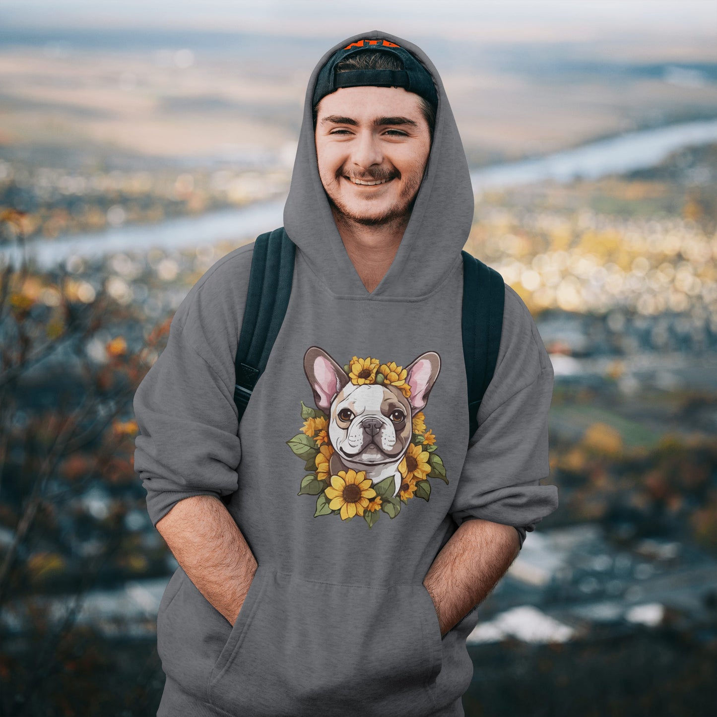 French Bulldog Sunflower Hoodie – Cute Bonjour Frenchie Pullover for Dog Lovers, Cozy Floral Gift for Pet Owners