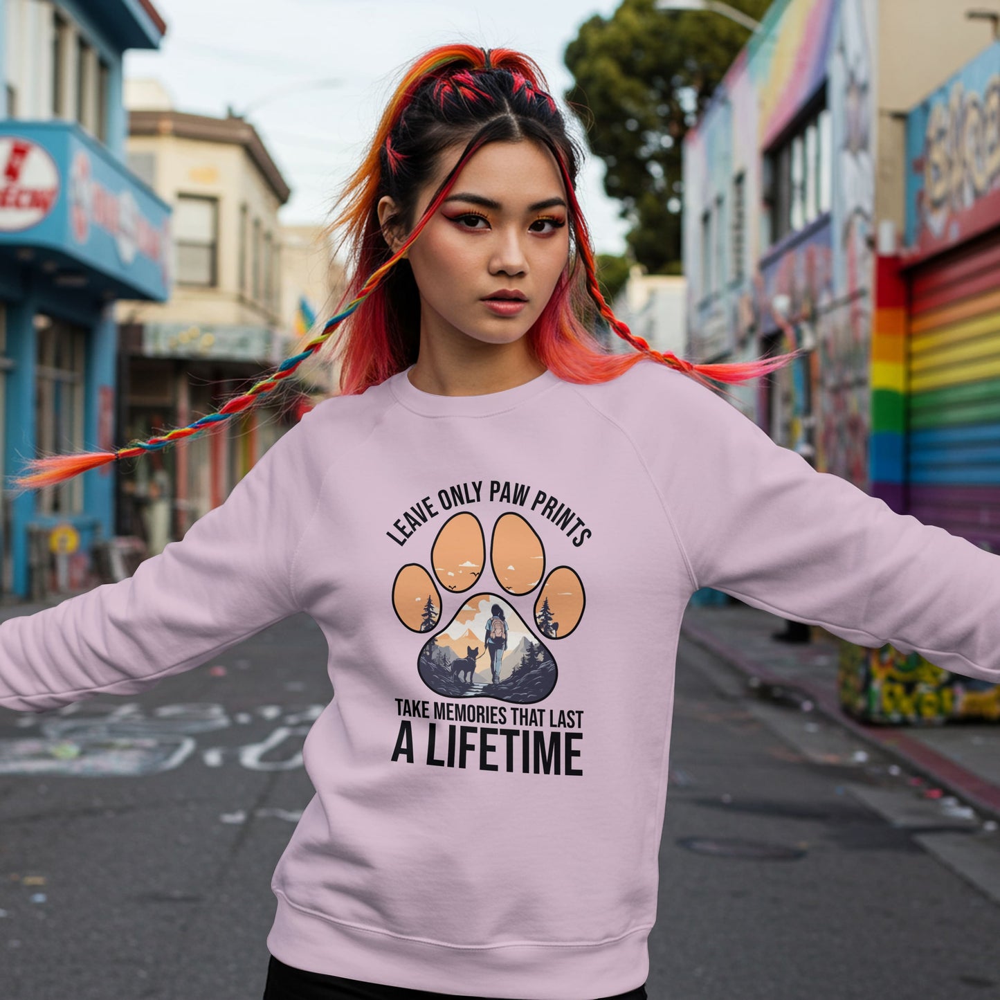 “Leave Only Paw Prints, Take Memories That Last a Lifetime” Hiking Dog Lover Sweatshirt – Cozy Unisex Adventure Pullover for Outdoor Pet Parents & Nature Lovers