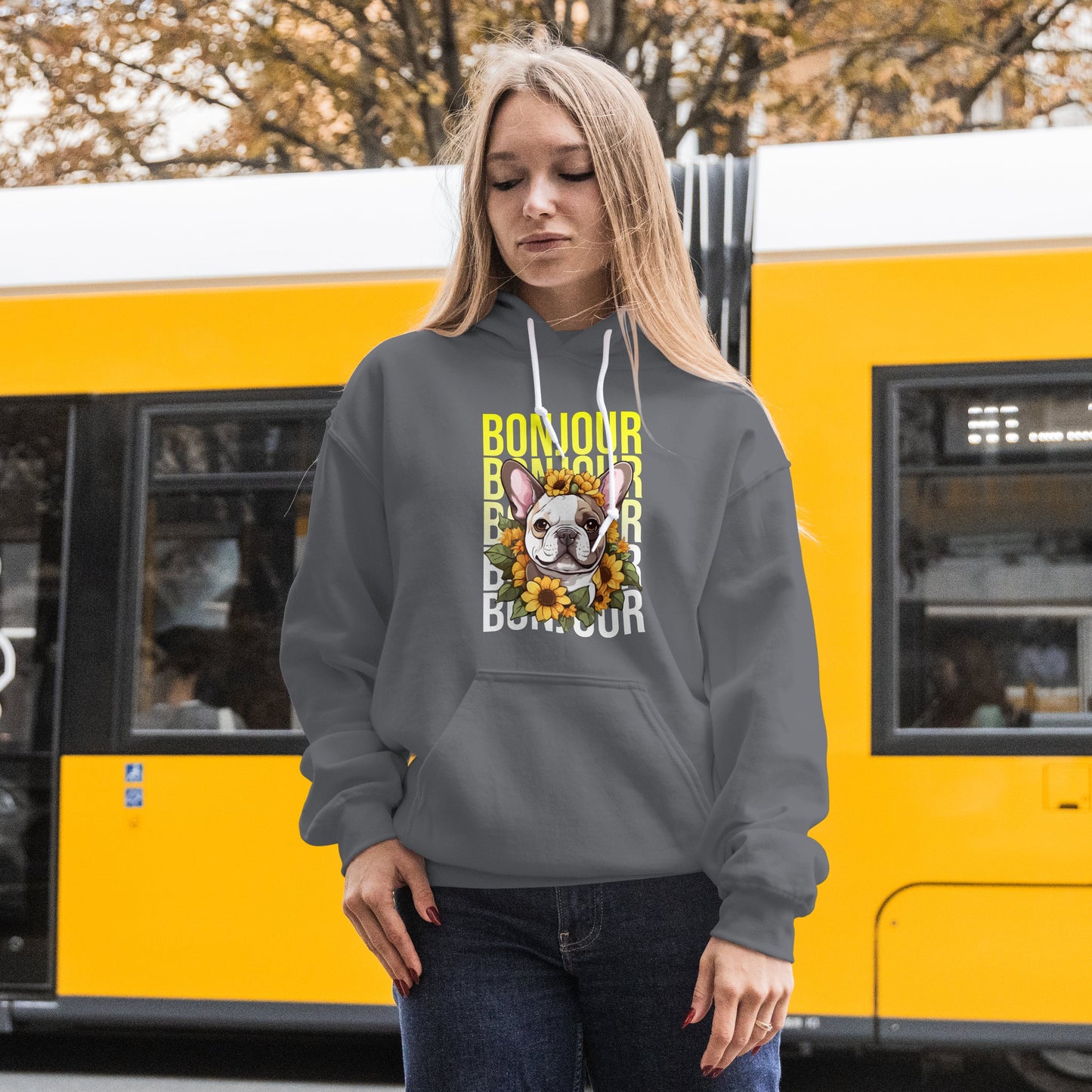 French Bulldog Sunflower Hoodie – Cute Bonjour Frenchie Pullover for Dog Lovers, Cozy Floral Gift for Her