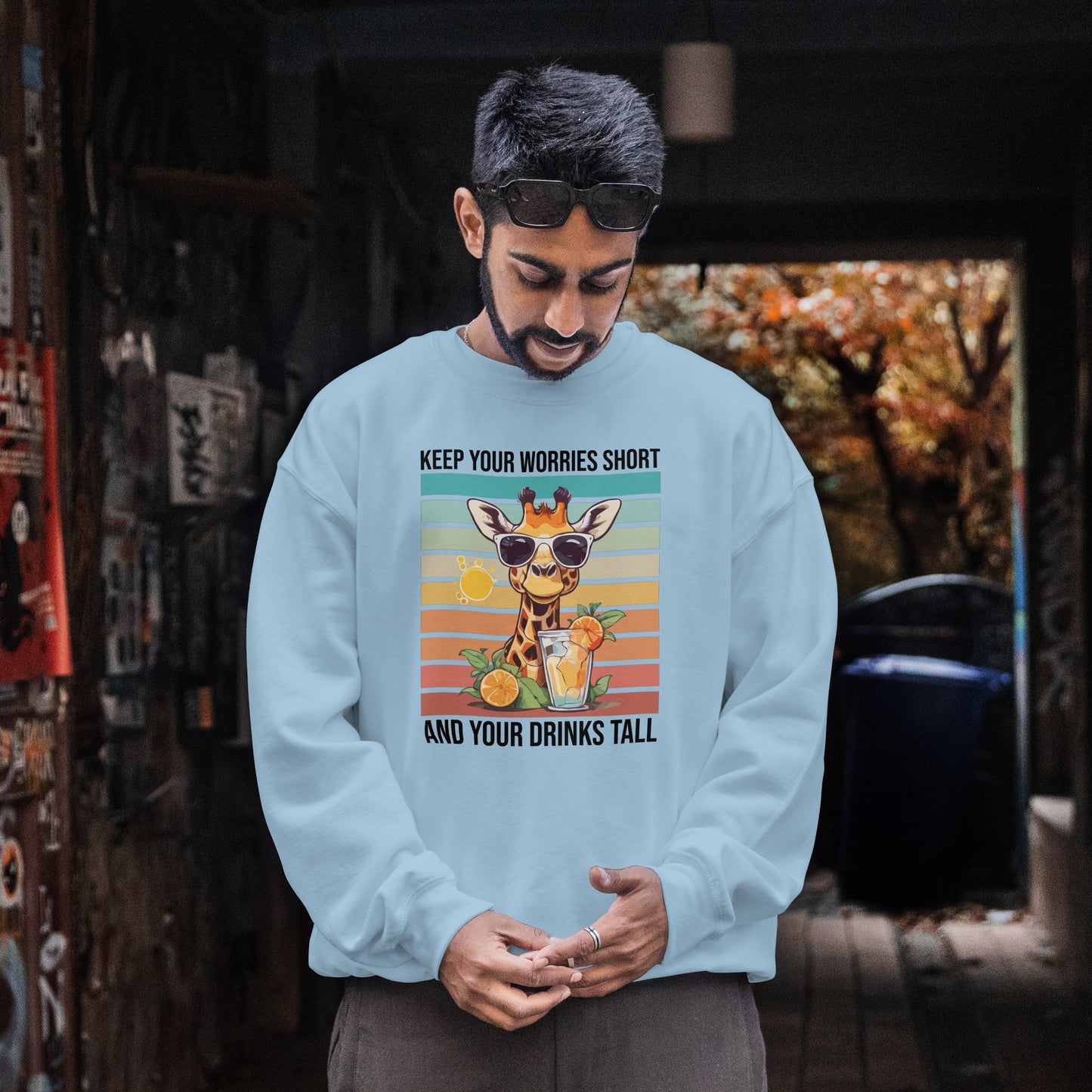 “Keep Your Worries Short & Your Drinks Tall” Giraffe Sweatshirt – Funny Summer Animal Graphic, Citrus Spritz Vibes for Bold Animal Lovers