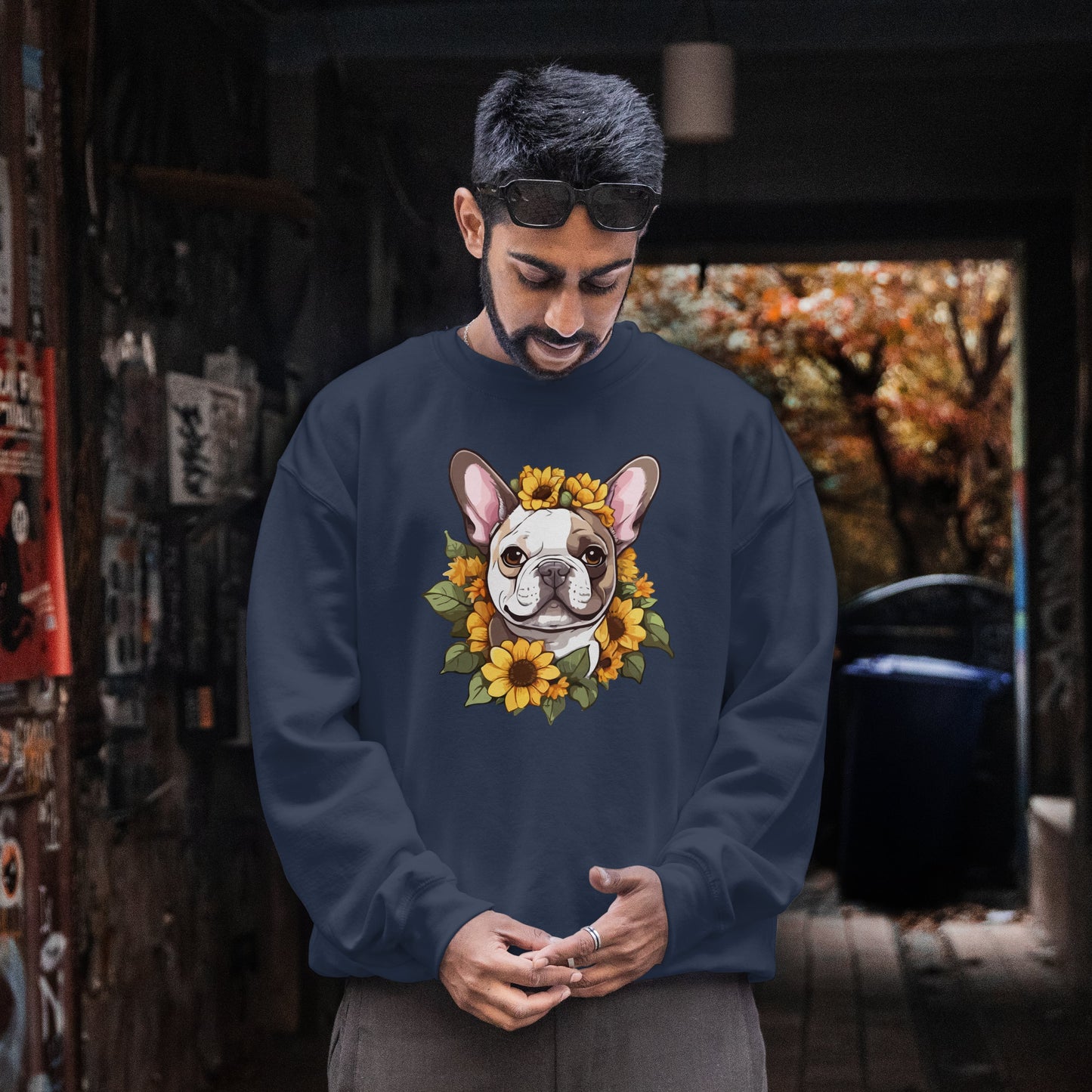 French Bulldog Sunflower Sweatshirt – Cute Bonjour Frenchie Crewneck for Dog Lovers, Cozy Floral Gift for Pet Moms & Dads