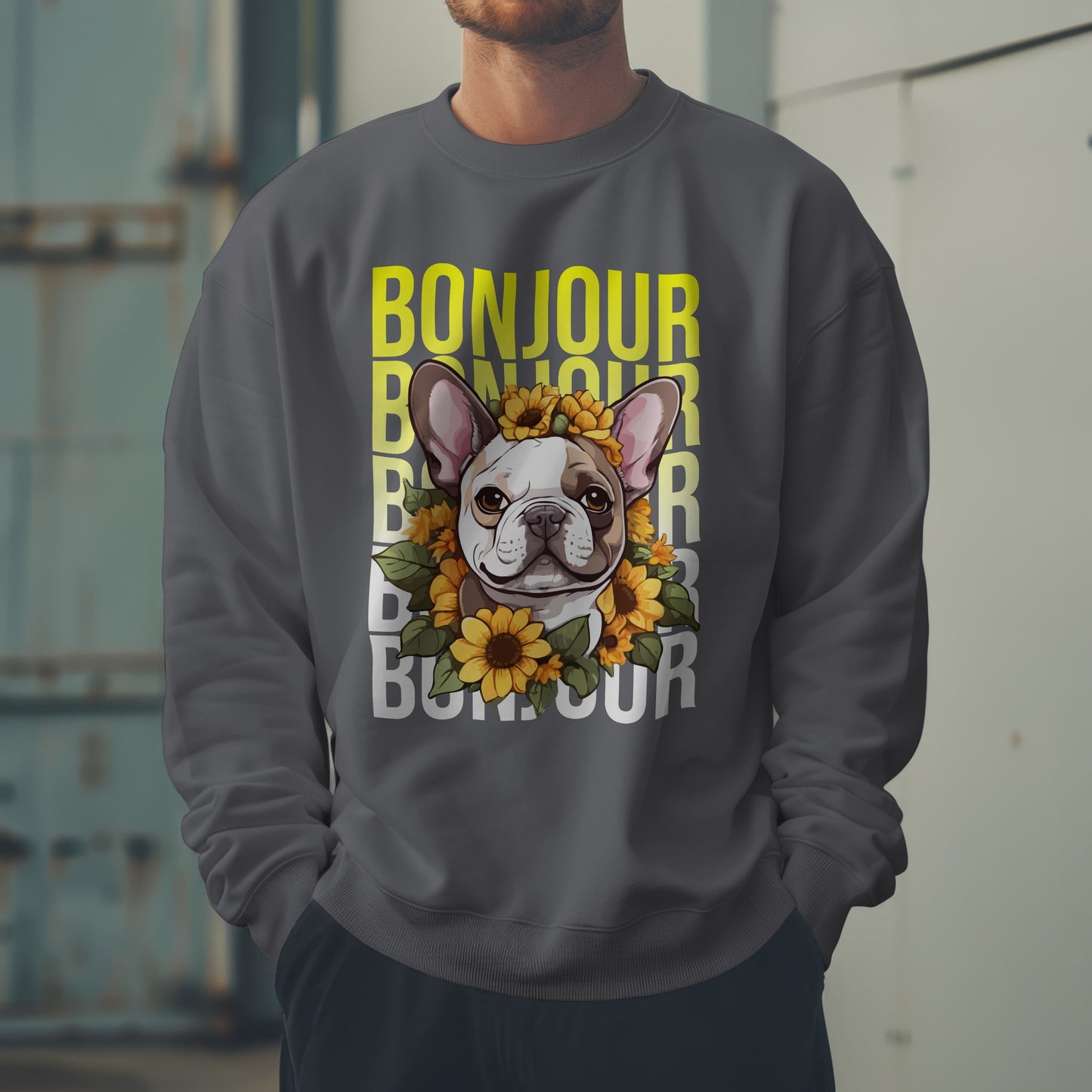 French Bulldog Sunflower Sweatshirt – Cute Bonjour Frenchie Pullover for Dog Lovers, Cozy Fall Gift for Her