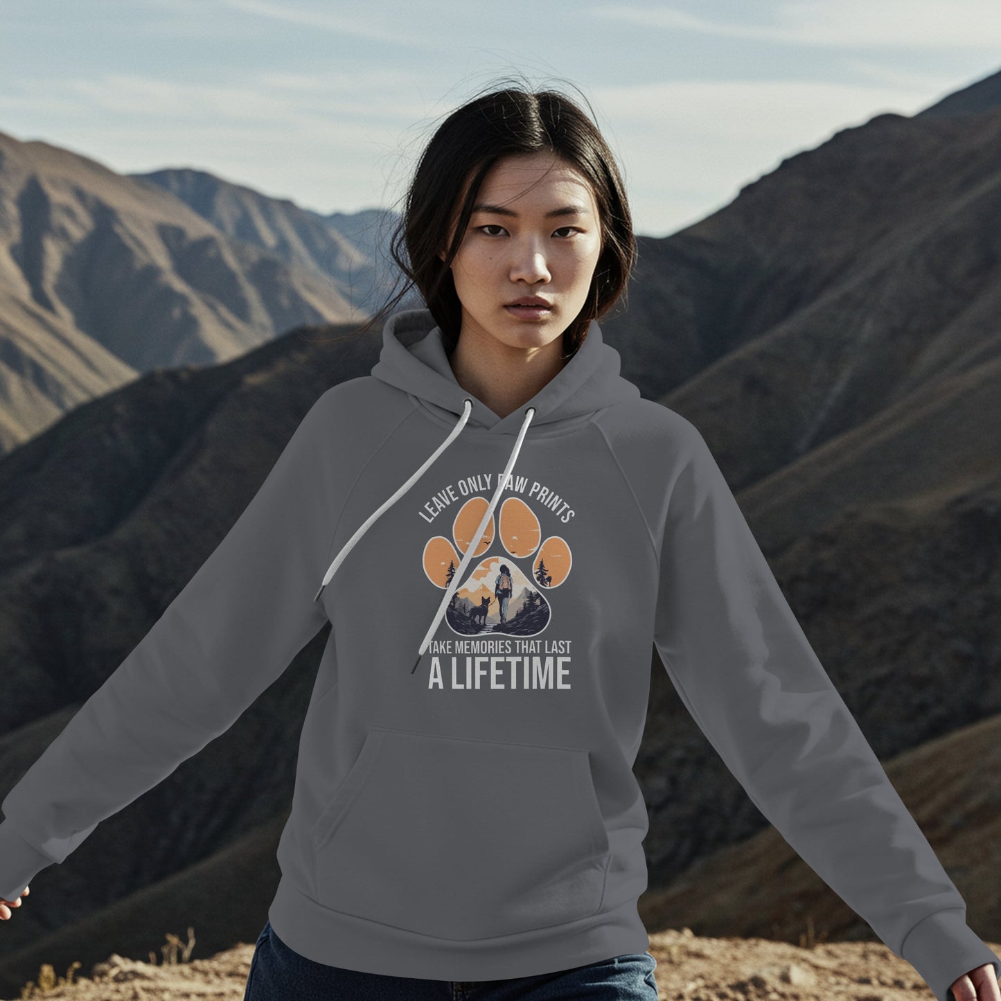“Leave Only Paw Prints, Take Memories That Last a Lifetime” Hiking Dog Lover Hoodie – Cozy Unisex Nature Adventure Pullover for Outdoor Pet Parents