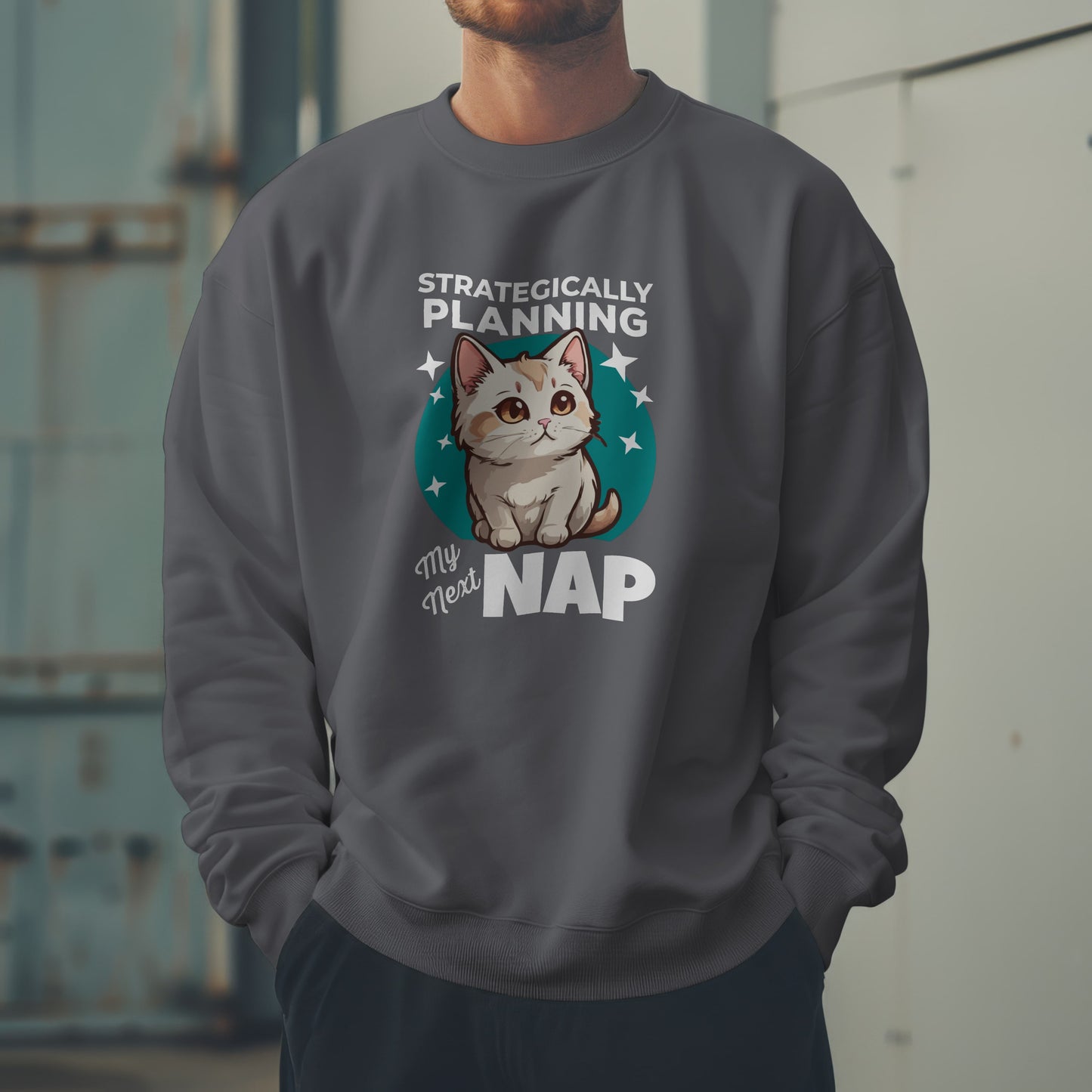 “Strategically Planning My Next Nap” Funny Cat Sweatshirt – Lazy Cat Lover Gift, Cozy Unisex Pullover for Pet Parents, Introverts & Nap Queens