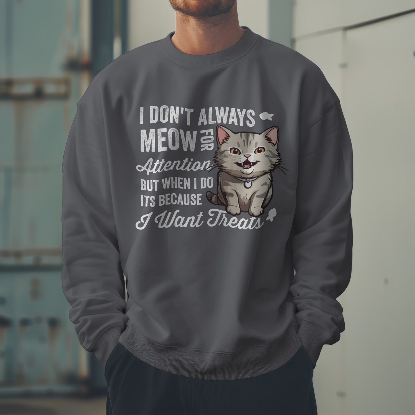 Funny Cat Sweatshirt – “I Don’t Always Meow for Attention” Treat Quote Pullover | Gift for Cat Moms & Dads