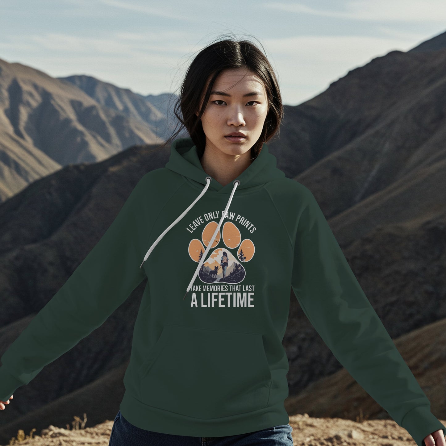 “Leave Only Paw Prints, Take Memories That Last a Lifetime” Hiking Dog Lover Hoodie – Cozy Unisex Nature Adventure Pullover for Outdoor Pet Parents