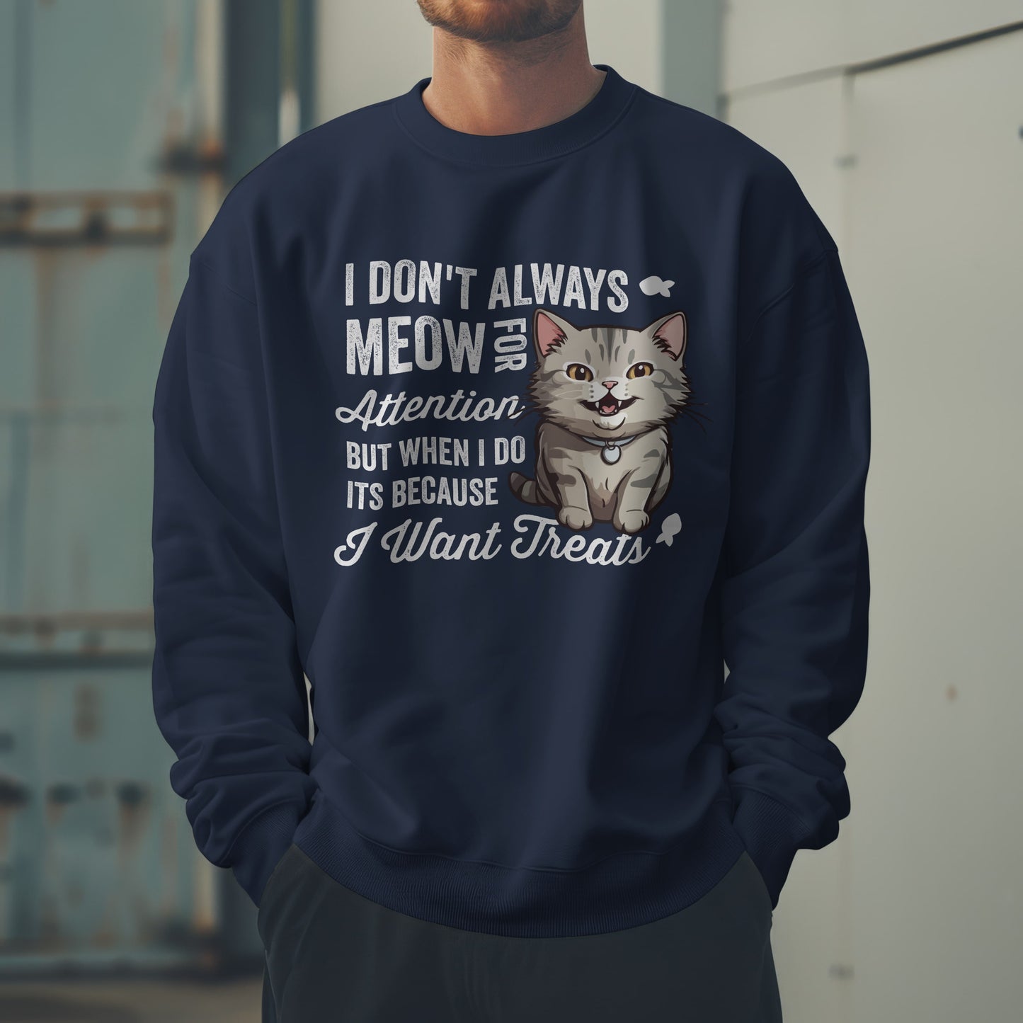 Funny Cat Sweatshirt – “I Don’t Always Meow for Attention” Treat Quote Pullover | Gift for Cat Moms & Dads