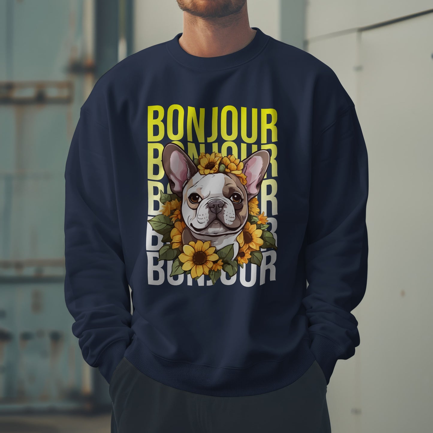French Bulldog Sunflower Sweatshirt – Cute Bonjour Frenchie Pullover for Dog Lovers, Cozy Fall Gift for Her