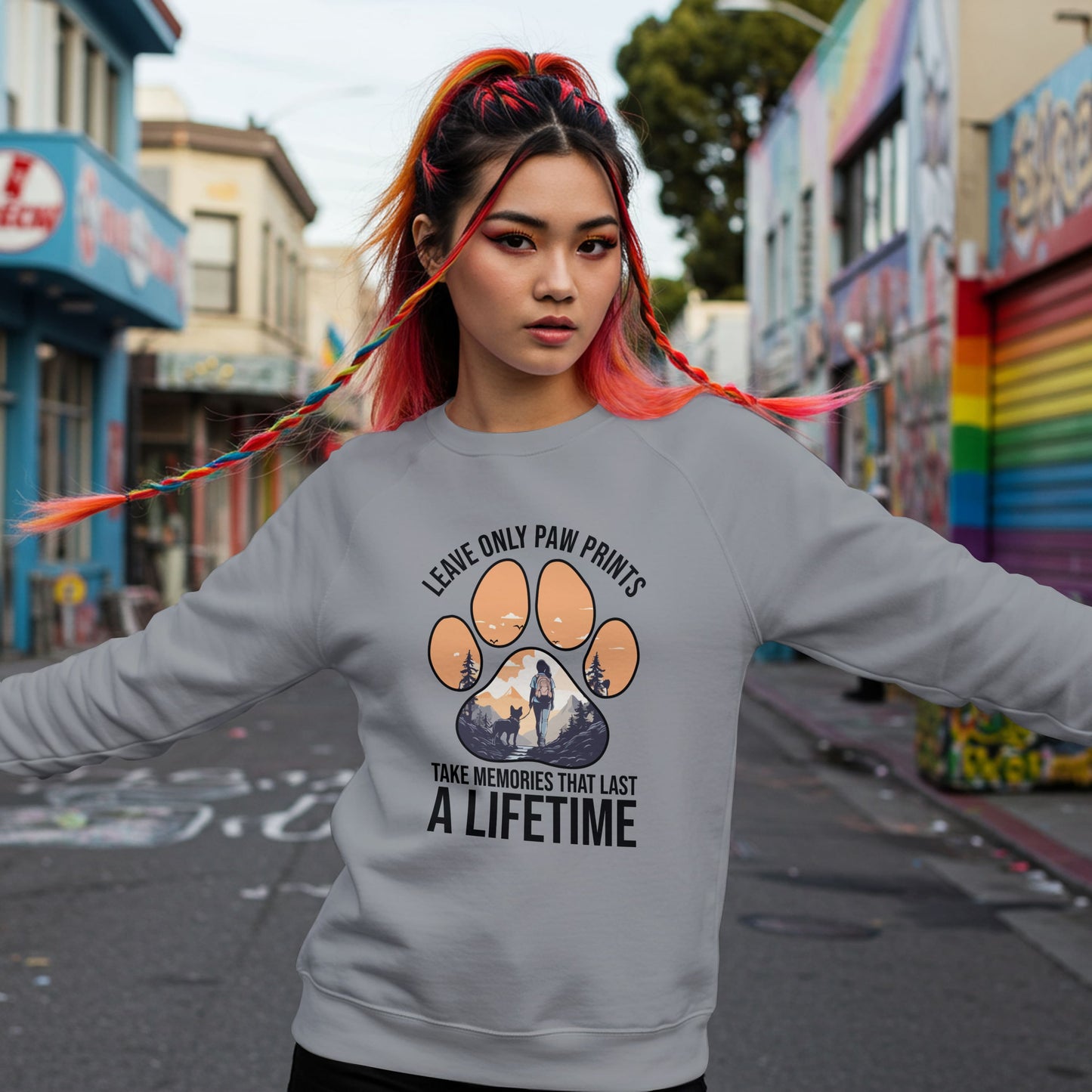 “Leave Only Paw Prints, Take Memories That Last a Lifetime” Hiking Dog Lover Sweatshirt – Cozy Unisex Adventure Pullover for Outdoor Pet Parents & Nature Lovers
