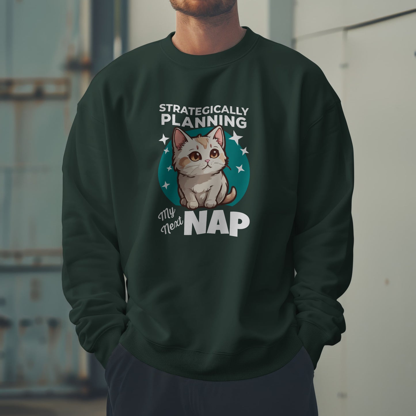 “Strategically Planning My Next Nap” Funny Cat Sweatshirt – Lazy Cat Lover Gift, Cozy Unisex Pullover for Pet Parents, Introverts & Nap Queens