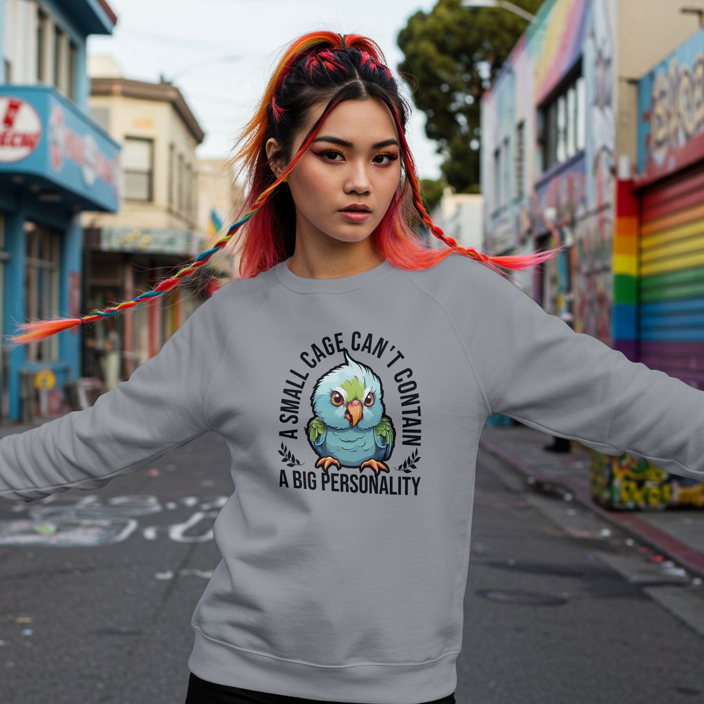 “A Small Cage Can’t Contain a Big Personality” Funny Parrot Sweatshirt – Colorful Bird Lover Gift for Pet Parrot Owners & Exotic Animal Fans