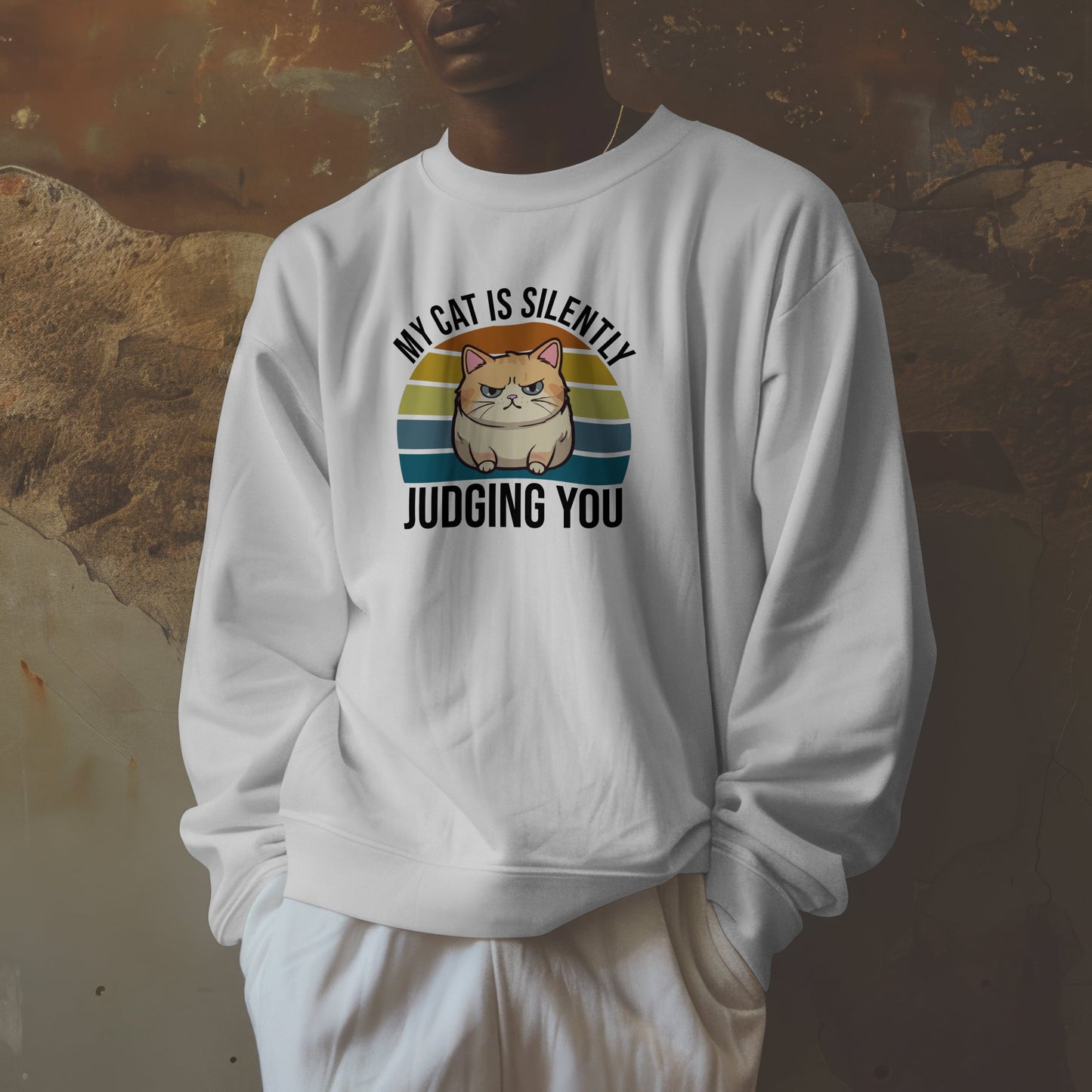 “My Cat Is Silently Judging You” Funny Cat Lover Sweatshirt – Snarky Unisex Pullover Gift for Pet Parents, Introverts & Feline Fans