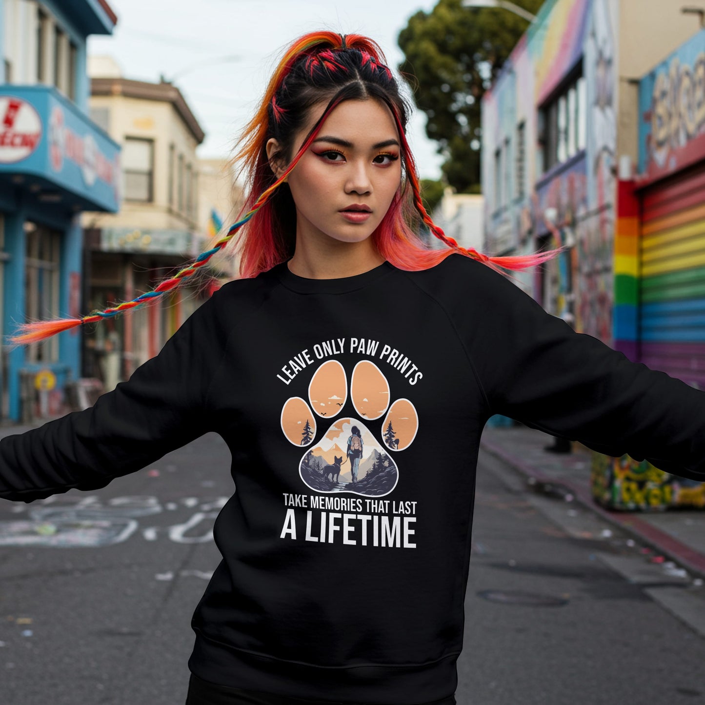 “Leave Only Paw Prints, Take Memories That Last a Lifetime” Hiking Dog Lover Sweatshirt – Cozy Unisex Adventure Pullover for Outdoor Pet Parents & Nature Lovers