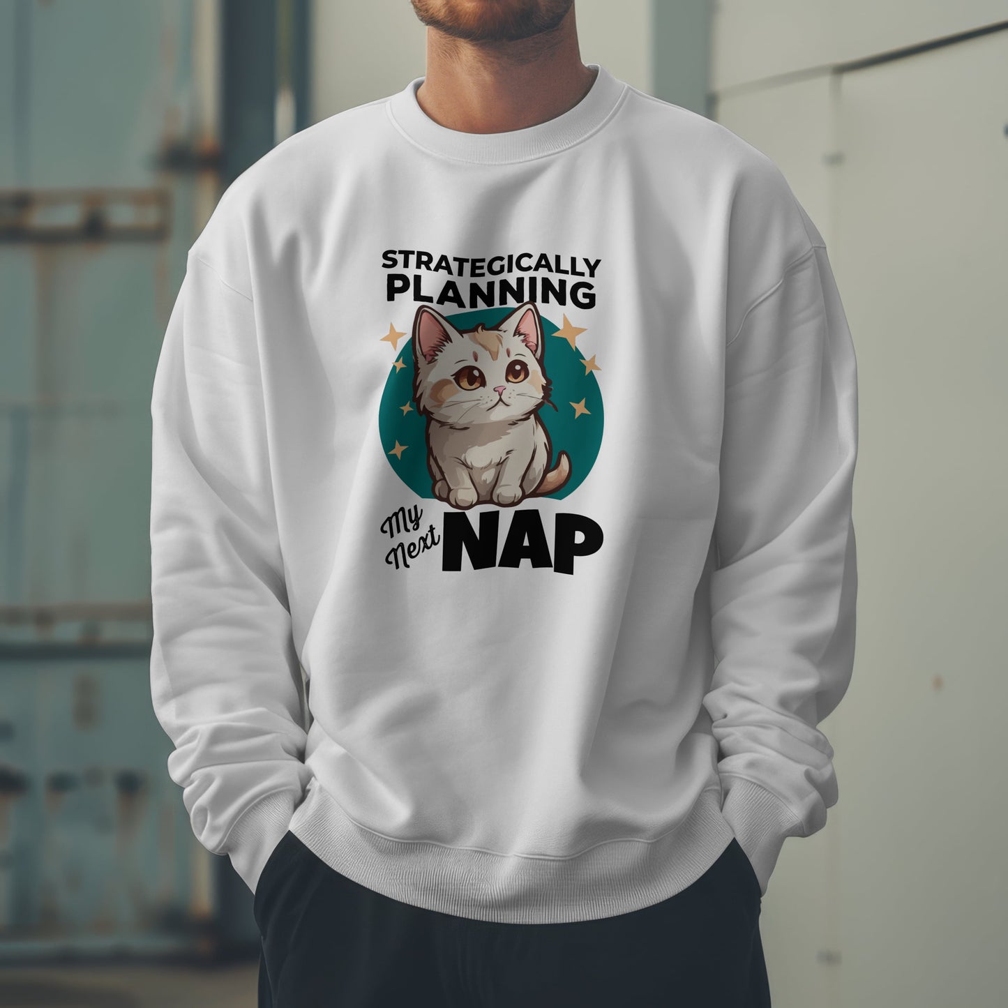 “Strategically Planning My Next Nap” Funny Cat Sweatshirt – Lazy Cat Lover Gift, Cozy Unisex Pullover for Pet Parents, Introverts & Nap Queens