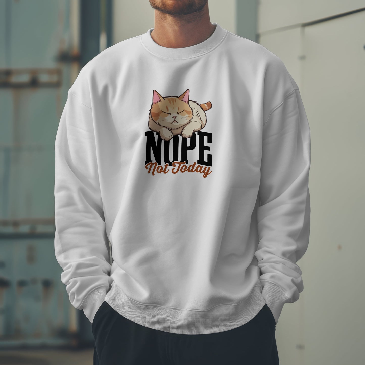 Funny Lazy Cat Sweatshirt – “Nope, Not Today” Quote Pullover for Cat Lovers, Introverts & Nap Queens
