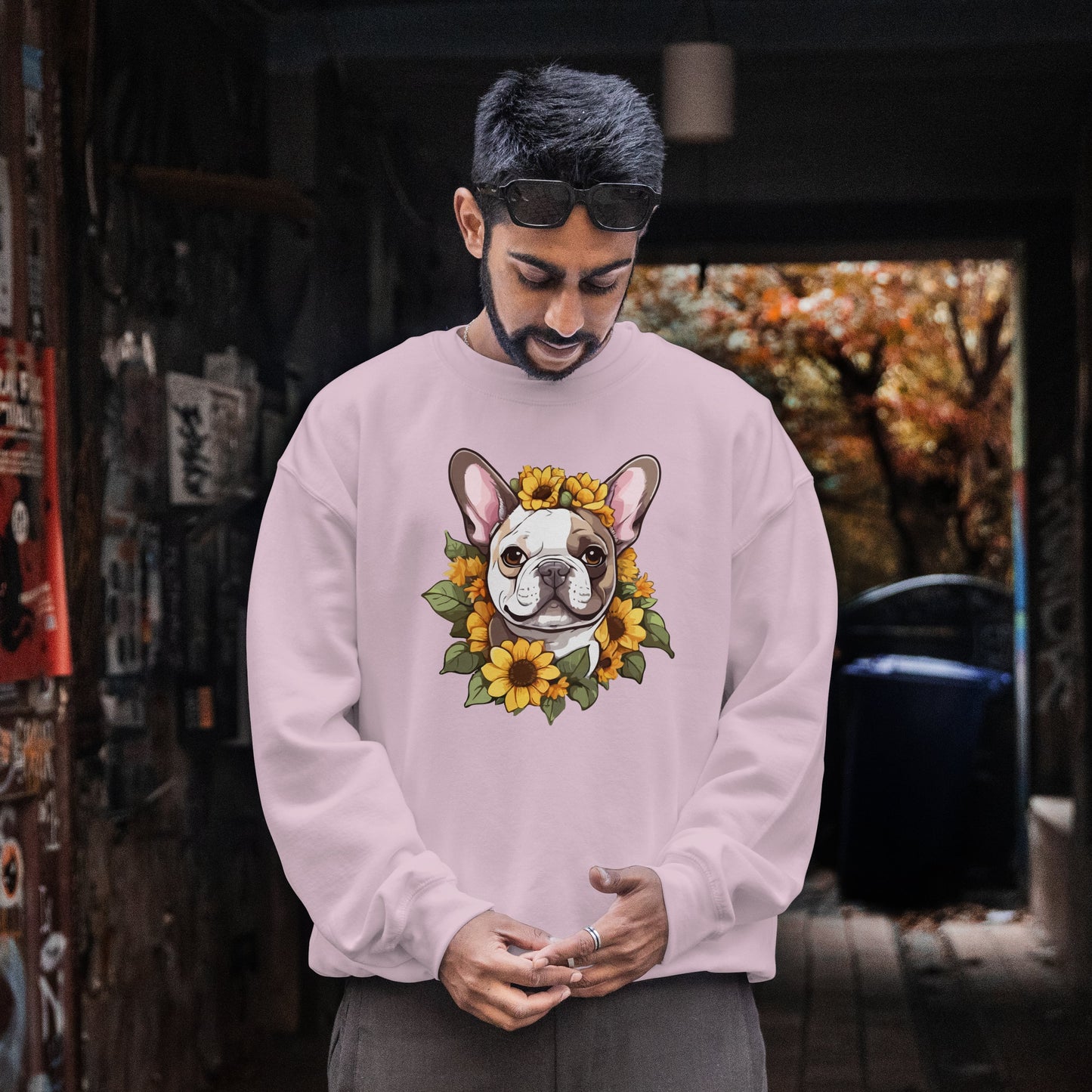 French Bulldog Sunflower Sweatshirt – Cute Bonjour Frenchie Crewneck for Dog Lovers, Cozy Floral Gift for Pet Moms & Dads