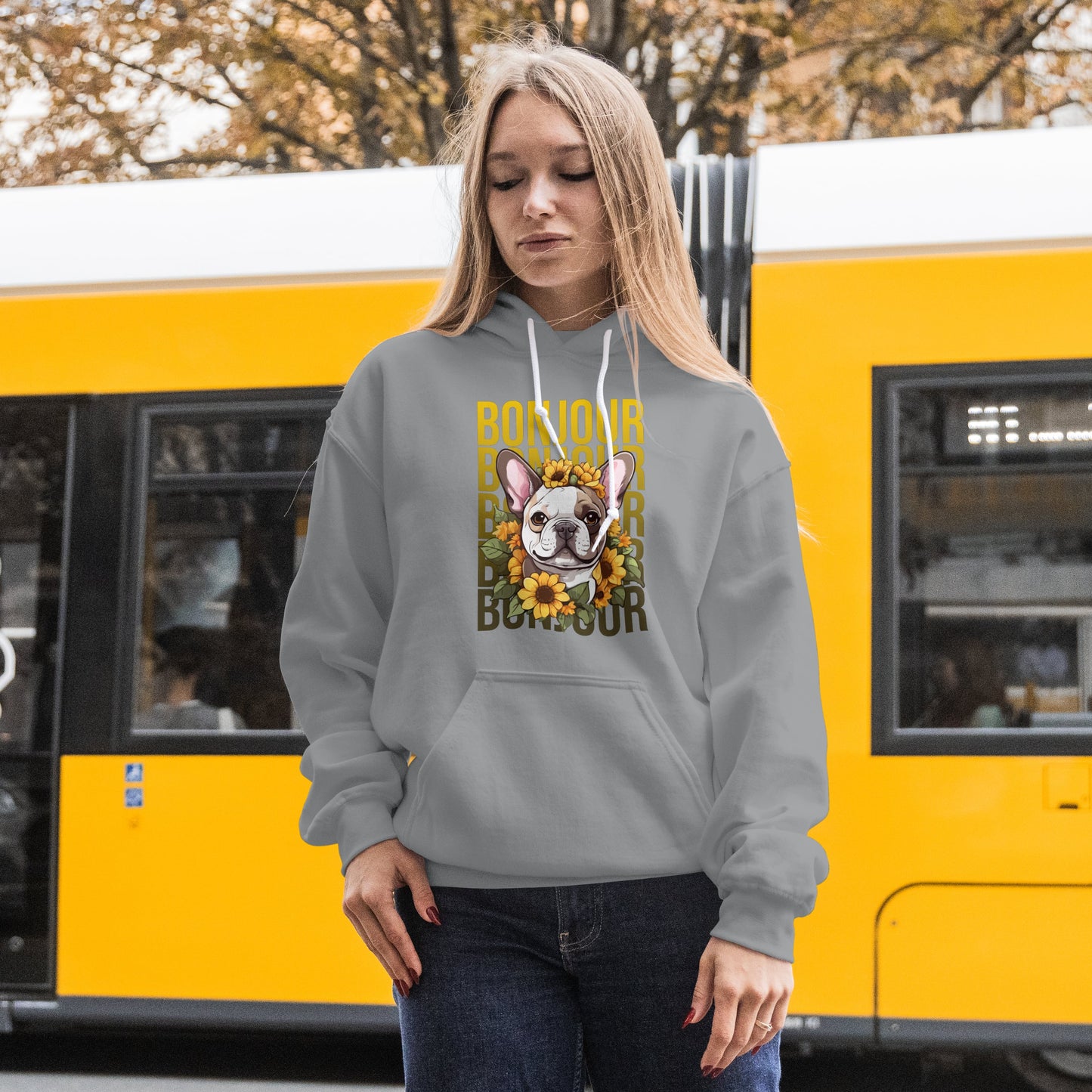 French Bulldog Sunflower Hoodie – Cute Bonjour Frenchie Pullover for Dog Lovers, Cozy Floral Gift for Her