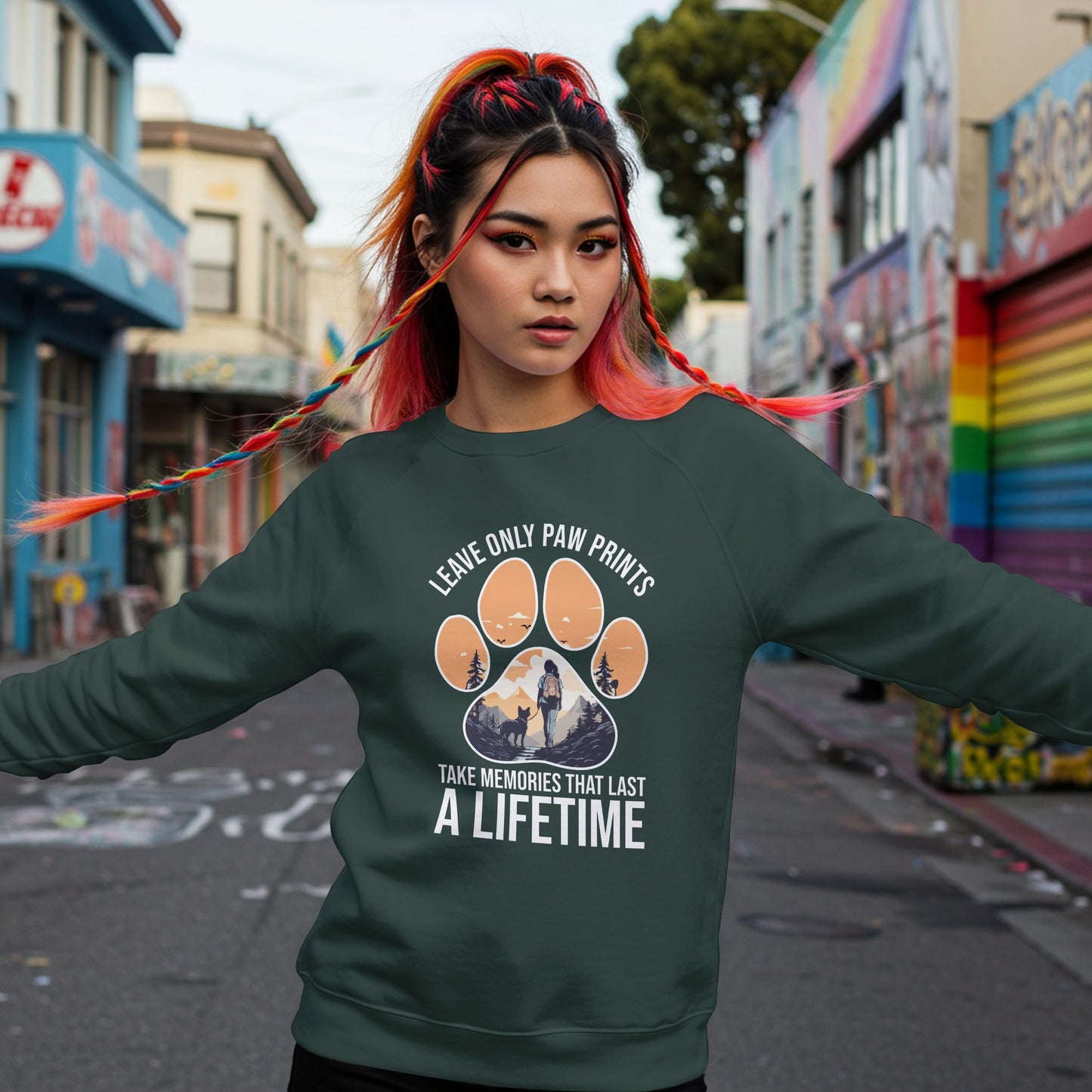 “Leave Only Paw Prints, Take Memories That Last a Lifetime” Hiking Dog Lover Sweatshirt – Cozy Unisex Adventure Pullover for Outdoor Pet Parents & Nature Lovers