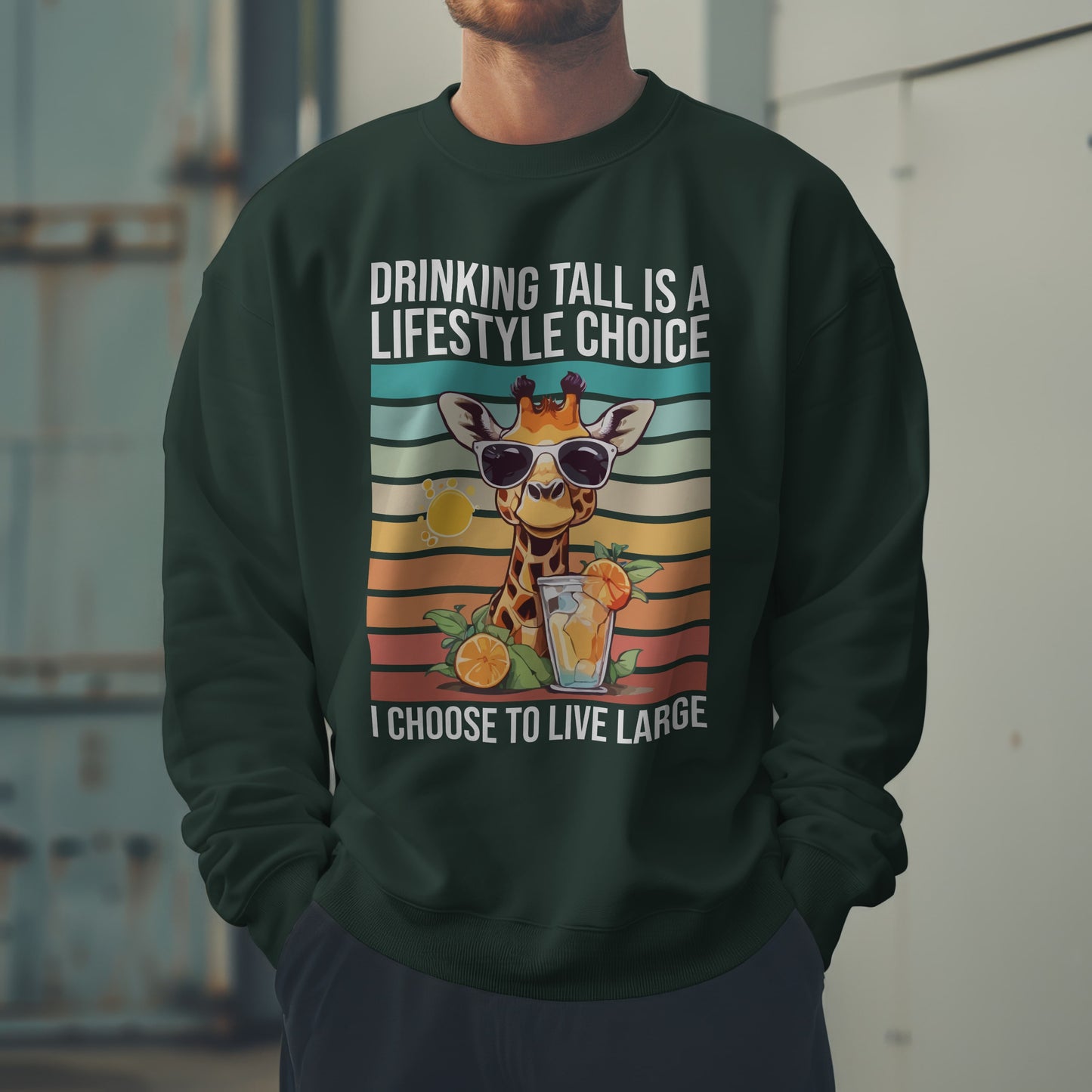 “Drinking Tall Is a Lifestyle Choice” Giraffe Sweatshirt – Funny Summer Citrus Graphic for Animal Lovers with Big Personality