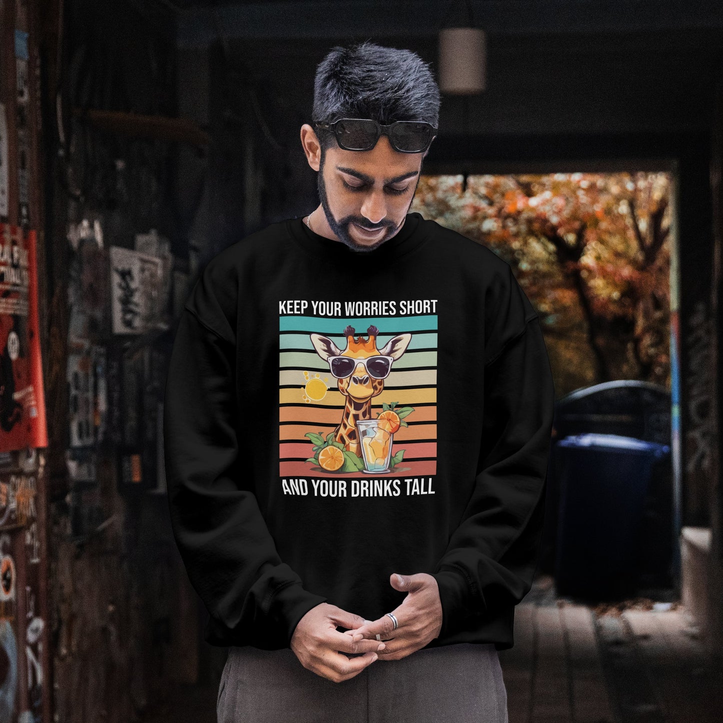 “Keep Your Worries Short & Your Drinks Tall” Giraffe Sweatshirt – Funny Summer Animal Graphic, Citrus Spritz Vibes for Bold Animal Lovers