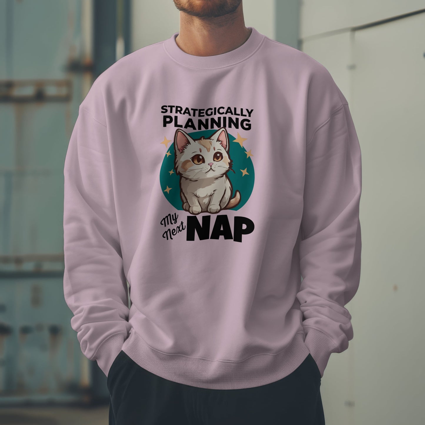 “Strategically Planning My Next Nap” Funny Cat Sweatshirt – Lazy Cat Lover Gift, Cozy Unisex Pullover for Pet Parents, Introverts & Nap Queens