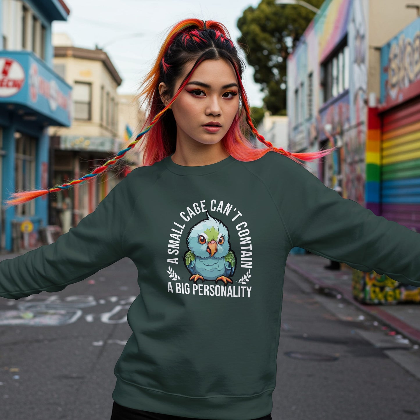“A Small Cage Can’t Contain a Big Personality” Funny Parrot Sweatshirt – Colorful Bird Lover Gift for Pet Parrot Owners & Exotic Animal Fans