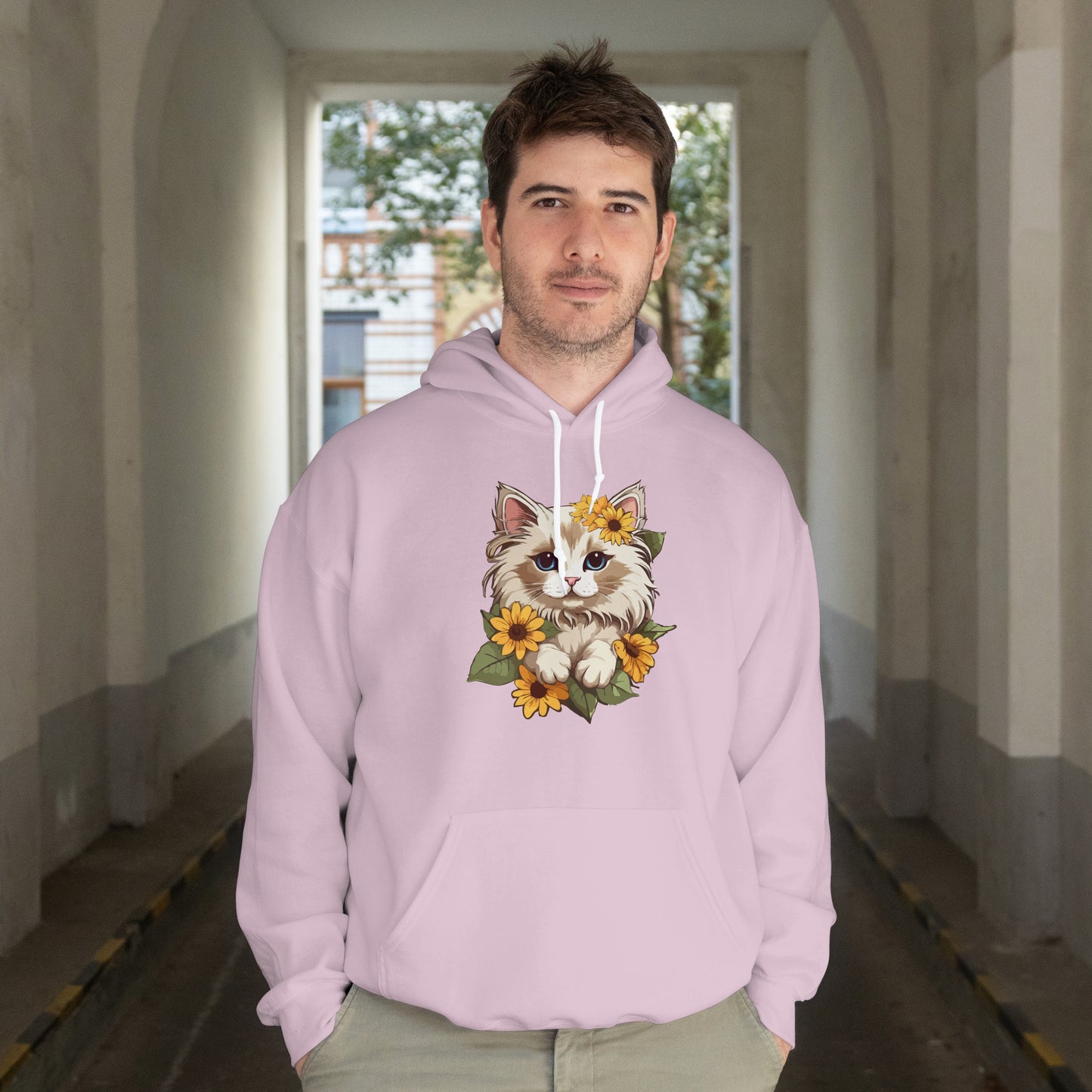 Cute Cat Floral Hoodie, Cozy Cat Lover Gift, Spring Apparel, Sunflower Design, Animal Lover Clothing