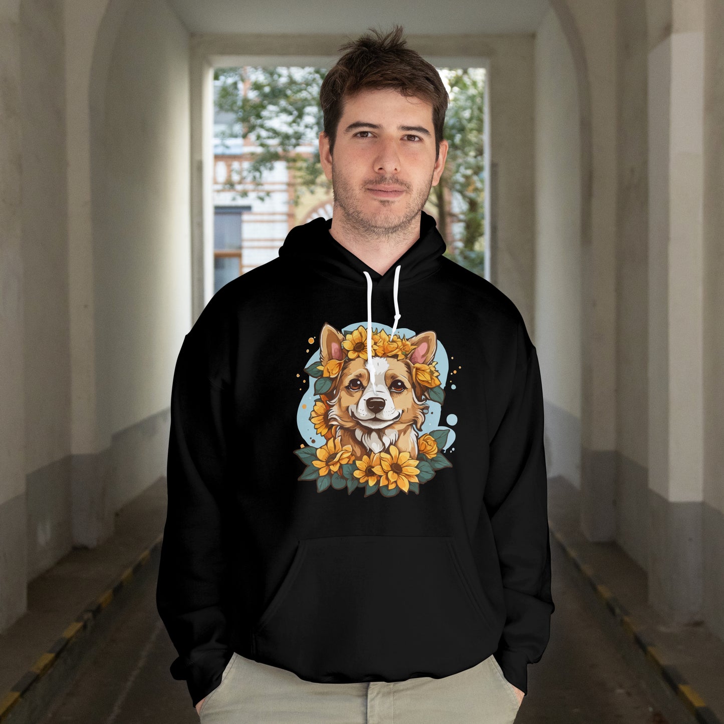 Cute Happy Dog with Sunflowers Hoodie – Floral Dog Lover Hooded Sweatshirt